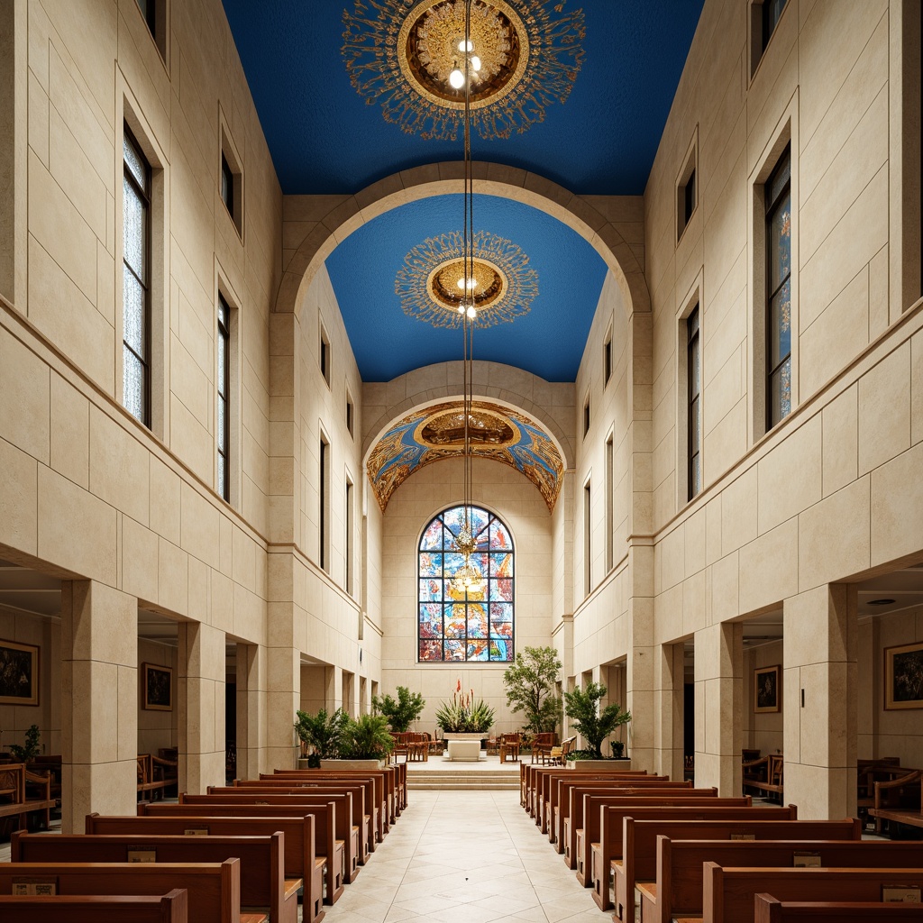 Prompt: Elegant church facade, cream-colored stone walls, sleek stainless steel accents, minimalist stained glass windows, subtle earthy tones, rich wood furnishings, vibrant blue ceilings, intricate mosaics, ornate gold decorations, soft warm lighting, shallow depth of field, 1/2 composition, realistic textures, ambient occlusion.