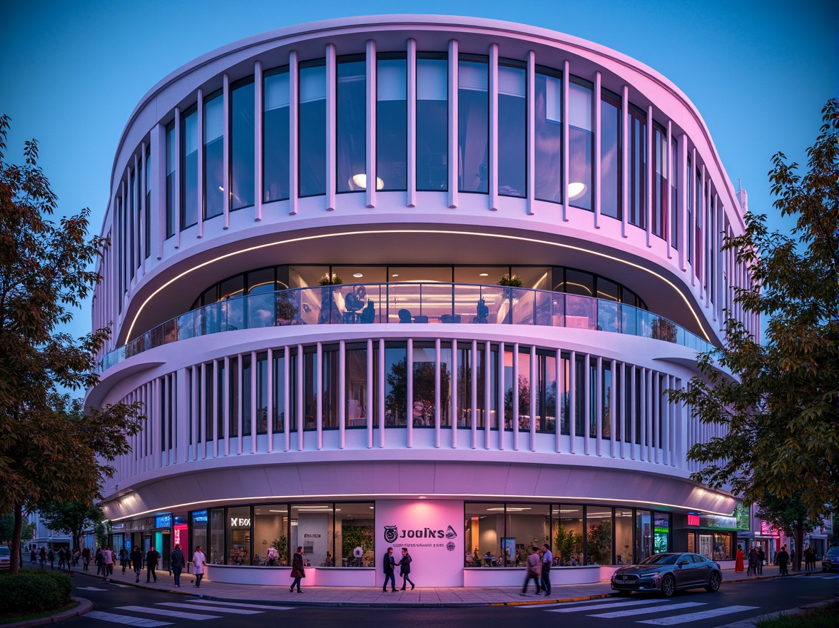 Prompt: Sleek modern building, curved lines, metallic accents, glossy finishes, vibrant neon hues, pastel color schemes, monochromatic tones, bold graphic patterns, geometric shapes, futuristic ambiance, urban cityscape, dusk lighting, shallow depth of field, 3/4 composition, panoramic view, realistic textures, ambient occlusion.