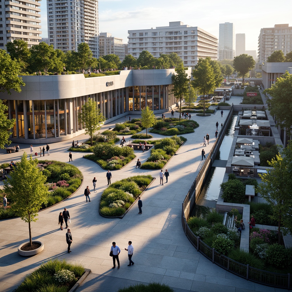 Prompt: Vibrant transportation hub, lush green roofs, natural stone walls, modern curvaceous architecture, large glass facades, sleek metal frames, bustling pedestrian plazas, scenic viewing decks, integrated public art installations, dynamic LED lighting systems, shallow water features, urban forestry, native plant species, meandering walkways, bike-share systems, electric vehicle charging stations, smart traffic management systems, real-time transit information displays, comfortable seating areas, panoramic city views, warm sunny day, soft ambient lighting, 3/4 composition, realistic textures, ambient occlusion.