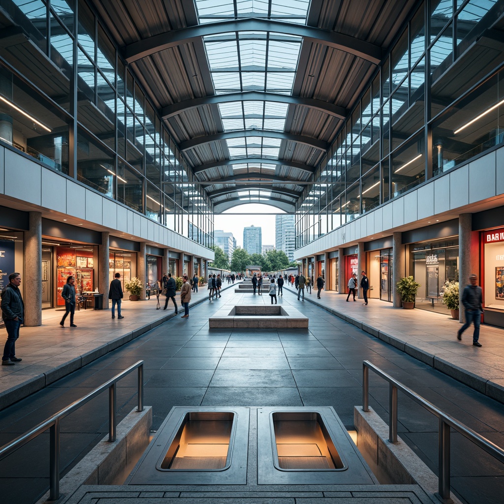 Prompt: Futuristic metro station, sleek metal columns, glass roofs, minimalist design, modern LED lighting, polished concrete floors, stainless steel handrails, vibrant color schemes, geometric patterns, natural stone walls, advanced ventilation systems, energy-efficient elevators, spacious platforms, comfortable seating areas, urban cityscape views, bustling pedestrian traffic, soft warm ambient lighting, 1/1 composition, shallow depth of field, realistic textures.