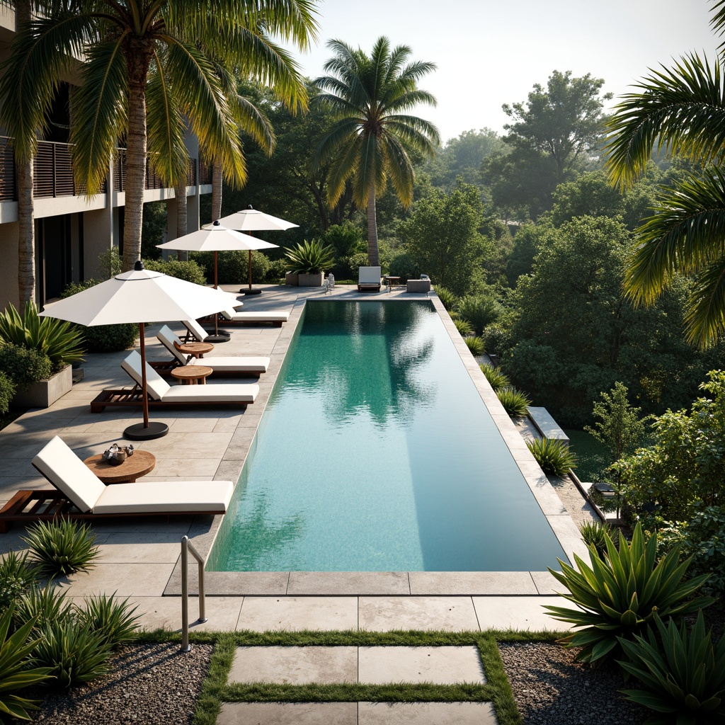 Prompt: Minimalist swimming pool, sleek concrete edges, turquoise water, sun loungers, modern deck chairs, umbrella tables, lush greenery, tropical plants, palm trees, succulents, gravel pathways, natural stone accents, geometric-patterned tiles, stainless steel railings, infinity edge design, warm sunny day, soft gentle lighting, shallow depth of field, 3/4 composition, panoramic view, realistic textures, ambient occlusion.