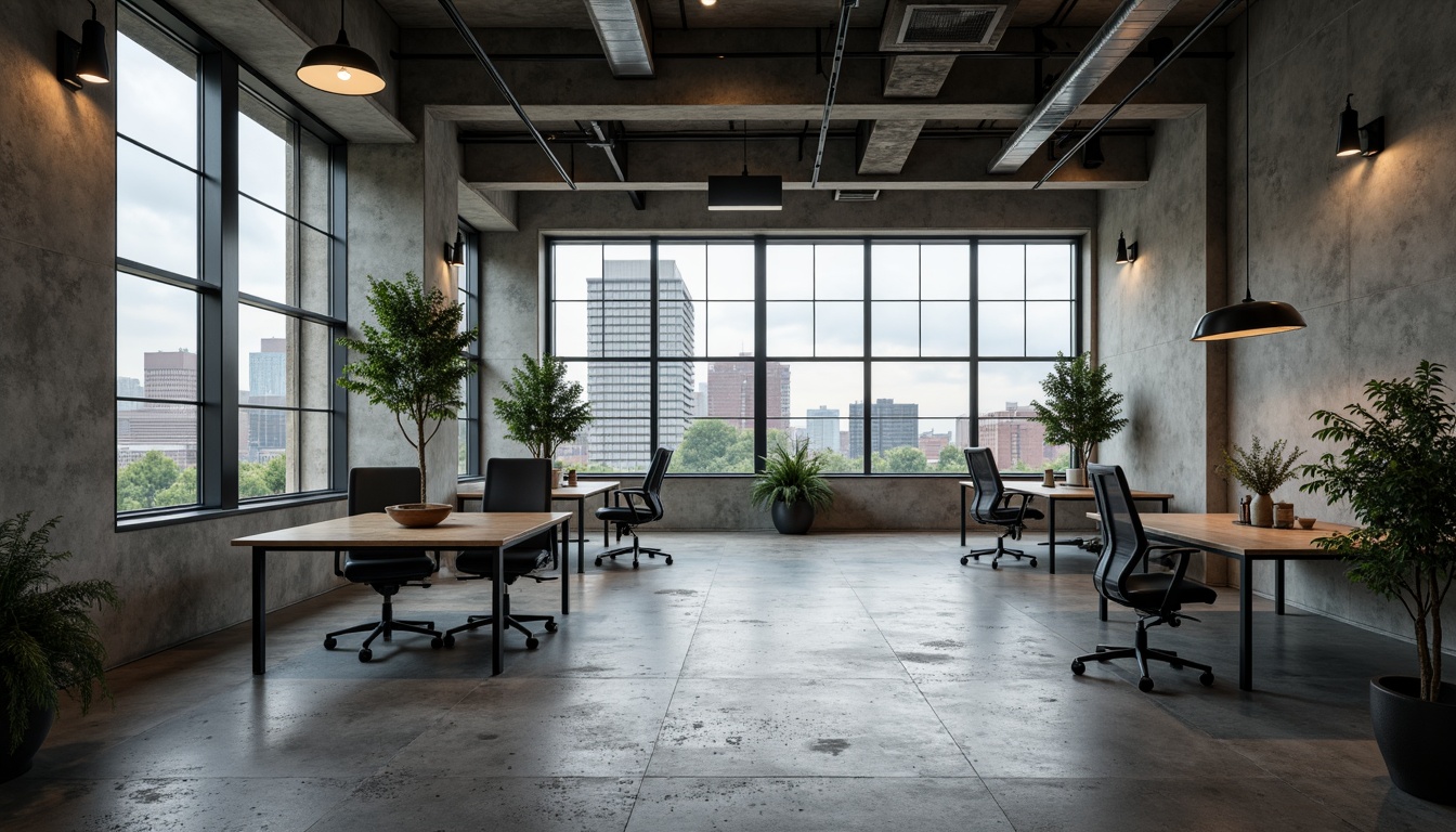 Prompt: Exposed concrete walls, rugged stone floors, industrial metal beams, minimalist lighting fixtures, brutalist architectural style, urban cityscape background, overcast sky, dramatic shadows, high-contrast lighting, bold geometric shapes, raw unfinished textures, cold monotone color palette, functional minimal decor, modern office spaces, collaborative work areas, sleek wooden desks, ergonomic chairs, greenery accents, natural ventilation systems, large windows with urban views, 3/4 composition, cinematic lighting, realistic reflections.