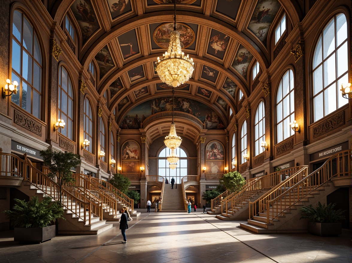 Prompt: Grand metro station, Renaissance-style facade, ornate details, arched windows, grand entrance, marble columns, intricate carvings, ornamental balconies, vibrant frescoes, golden accents, luxurious chandeliers, high ceilings, spacious interior, natural stone flooring, elegant staircases, dramatic lighting, shallow depth of field, 1/2 composition, symmetrical view, realistic textures, ambient occlusion.