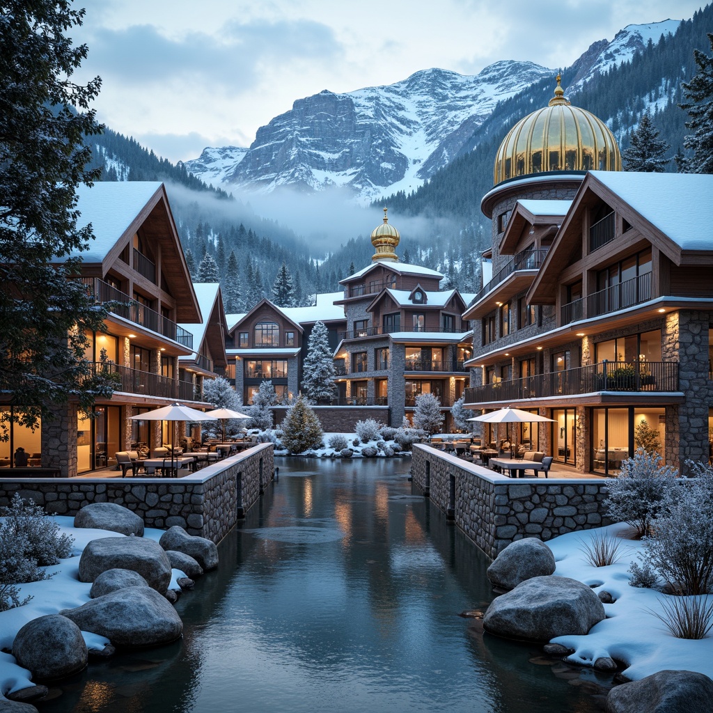 Prompt: Snow-capped mountains, rolling hills, evergreen trees, frozen lakes, rustic wooden bridges, stone-built ski lodges, intricate Orthodox-inspired architecture, golden domes, colorful mosaics, ornate frescoes, grand chandeliers, luxurious furnishings, warm fireplaces, aromatic coffee shops, traditional Byzantine-style restaurants, festive apres-ski bars, snow-covered rooftops, steeply pitched roofs, wooden shutters, decorative ironwork, lantern-style lighting, soft warm glow, misty mountain air, shallow depth of field, 1/2 composition, cinematic view.