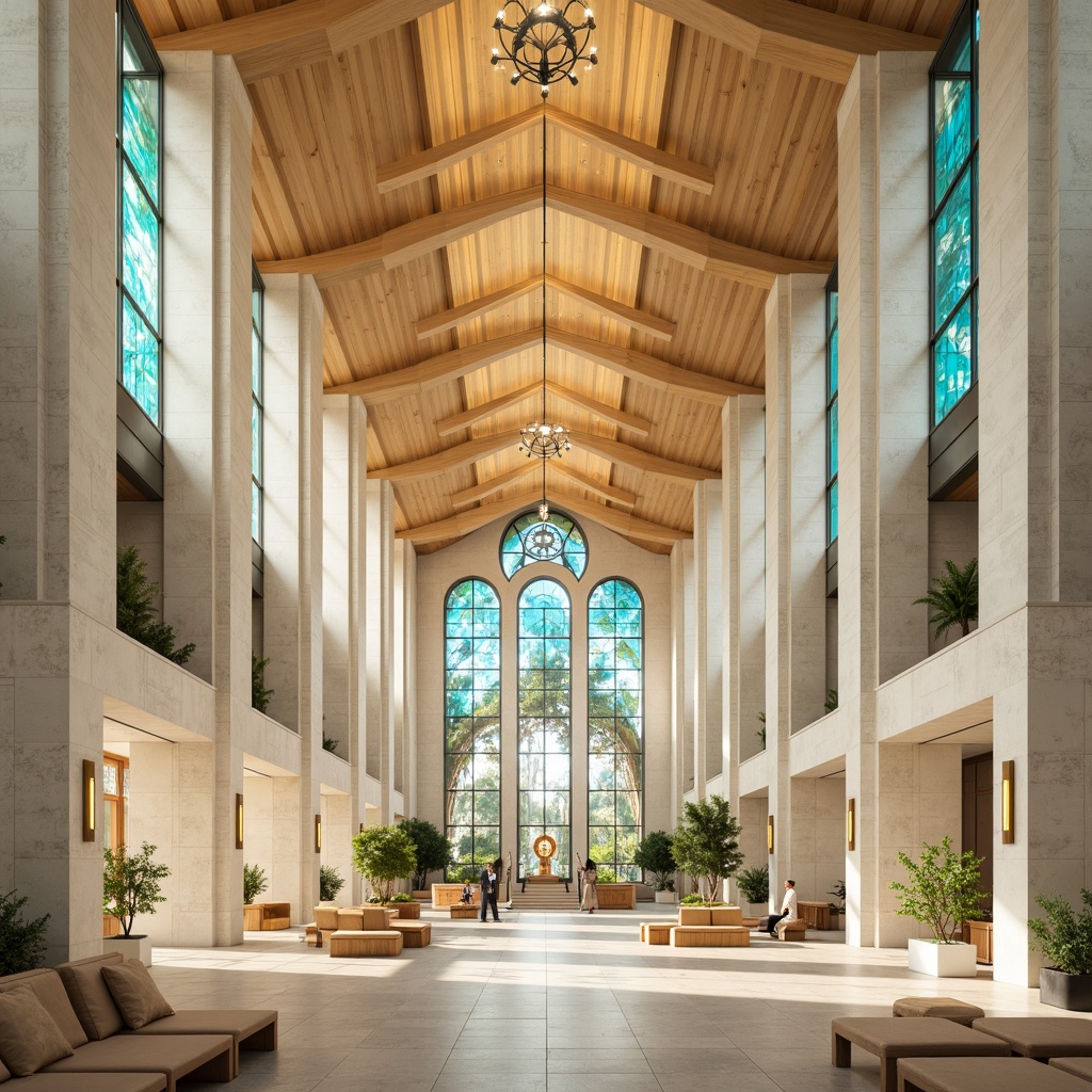 Prompt: Contemporary religious architecture, minimalist white marble, warm beige stone walls, soft golden lighting, stained glass windows, vibrant turquoise accents, intricate geometric patterns, sleek metal details, sacred symbols, peaceful ambiance, serene atmosphere, natural materials, earthy tones, subtle textures, shallow depth of field, 1/1 composition, realistic renderings, ambient occlusion.Please let me know if this meets your requirements!