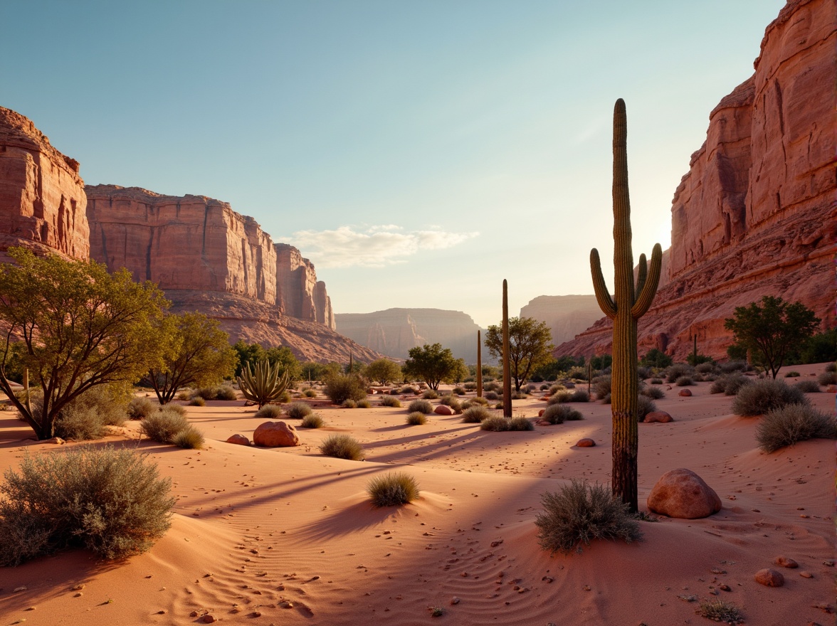 Prompt: Vibrant desert landscape, warm sandy dunes, cactus silhouettes, turquoise blue skies, rusty red rock formations, soft peach sunsets, muted beige terrains, deep sienna canyons, pale lavender mist, golden hour lighting, high contrast shadows, intricate tribal patterns, natural woven textiles, earthy ceramic materials, rough stone walls, rustic wooden accents.