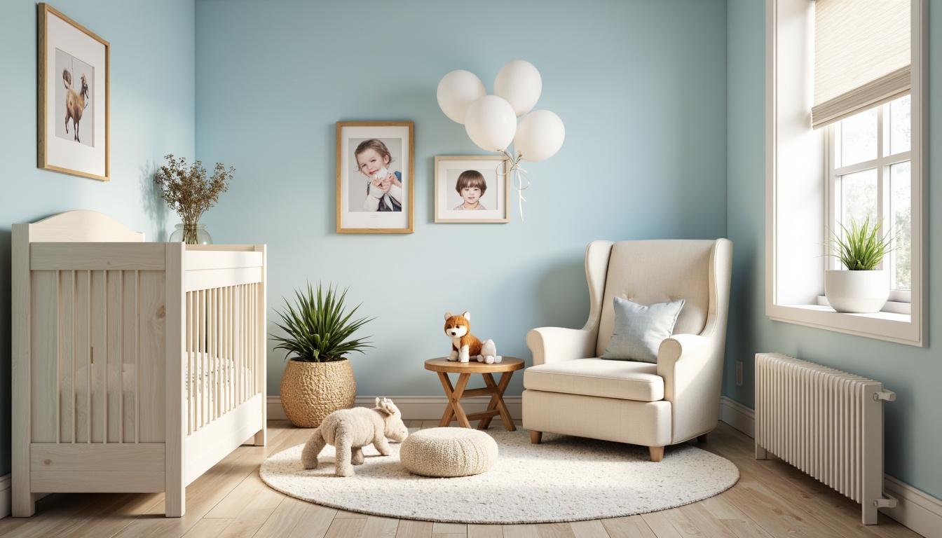 Prompt: Soft baby blue walls, creamy white trim, gentle beige furniture, plush toys, warm wooden accents, natural fiber rugs, whimsical nursery decor, delicate lace curtains, pastel-colored balloons, airy open spaces, diffused softbox lighting, shallow depth of field, 1/1 composition, intimate close-up shots, realistic textures, ambient occlusion.Please let me know if you'd like me to generate another prompt!