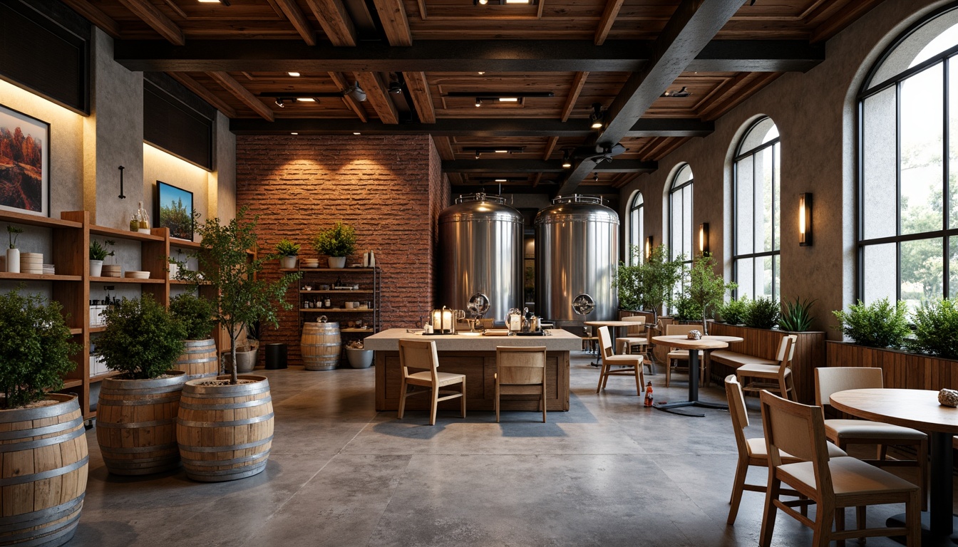 Prompt: Urban winery, industrial chic, reclaimed wood accents, exposed brick walls, polished concrete floors, stainless steel tanks, modern wine barrels, rustic wooden crates, vintage wine-making equipment, earthy tones, rich burgundy reds, deep blues, warm golden yellows, soft creamy whites, ambient lighting, cozy atmosphere, intimate seating areas, lush greenery, natural textiles, woven baskets, wooden shelves, modern minimalist decor, abstract art pieces, eclectic decorative items, shallow depth of field, 1/1 composition, realistic textures, subtle color grading.