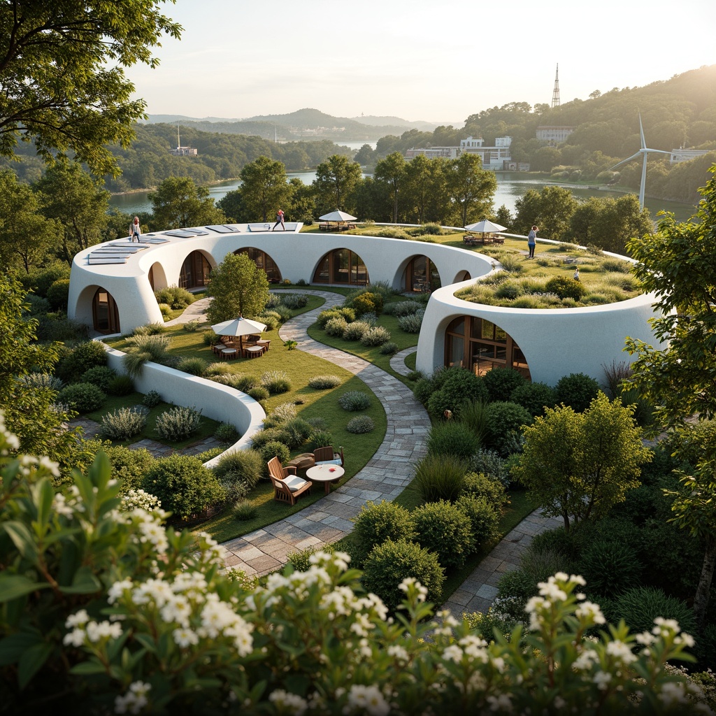 Prompt: Eco-friendly building, green roofs, solar panels, wind turbines, water conservation systems, sustainable materials, natural ventilation, minimal carbon footprint, organic shapes, curved lines, earthy tones, lush greenery, blooming flowers, serene ambiance, soft warm lighting, shallow depth of field, 3/4 composition, panoramic view, realistic textures, ambient occlusion.