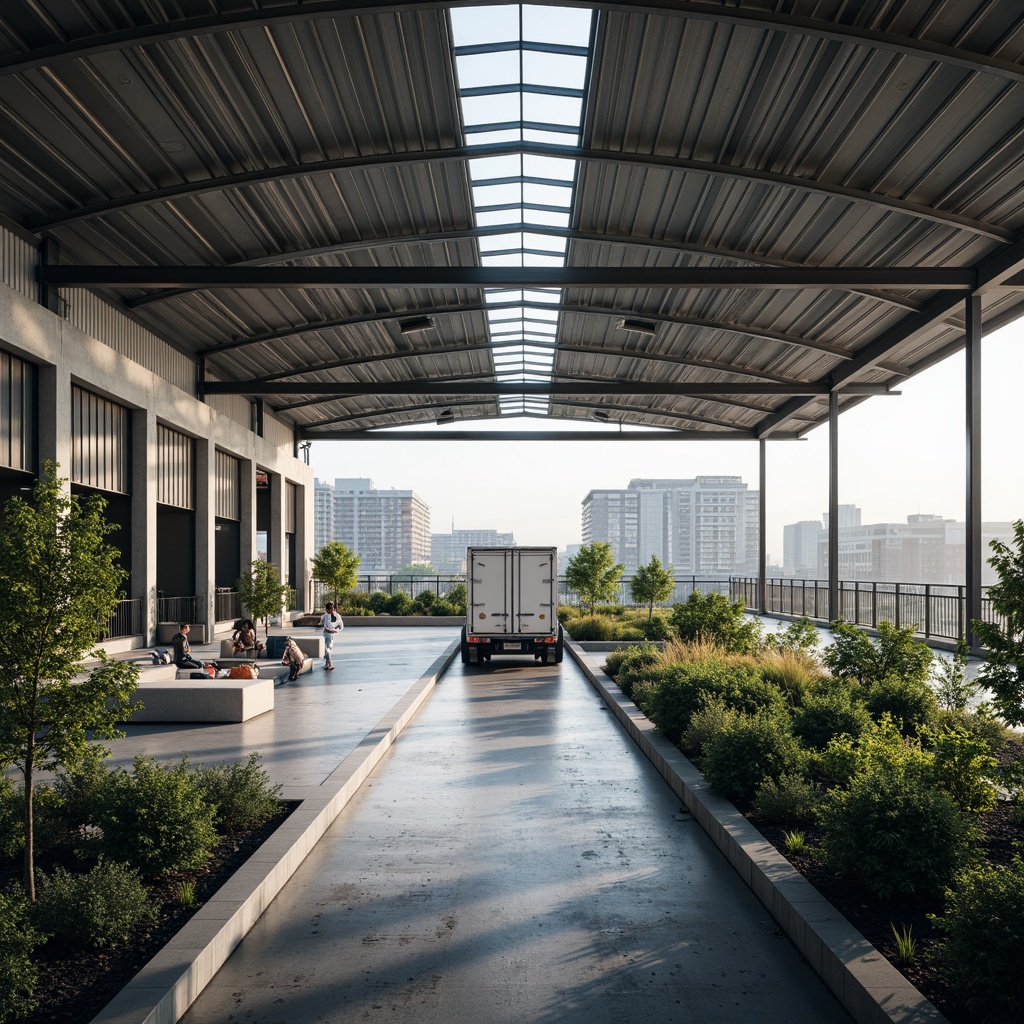 Prompt: Industrial distribution center, modern roof architecture, curved metal beams, exposed ductwork, polished concrete floors, minimalist interior design, natural light pouring in, clerestory windows, solar panels integrated, green roofs, living walls, urban landscape views, busy loading docks, 1/1 composition, high-angle shot, dramatic lighting, realistic textures, ambient occlusion.