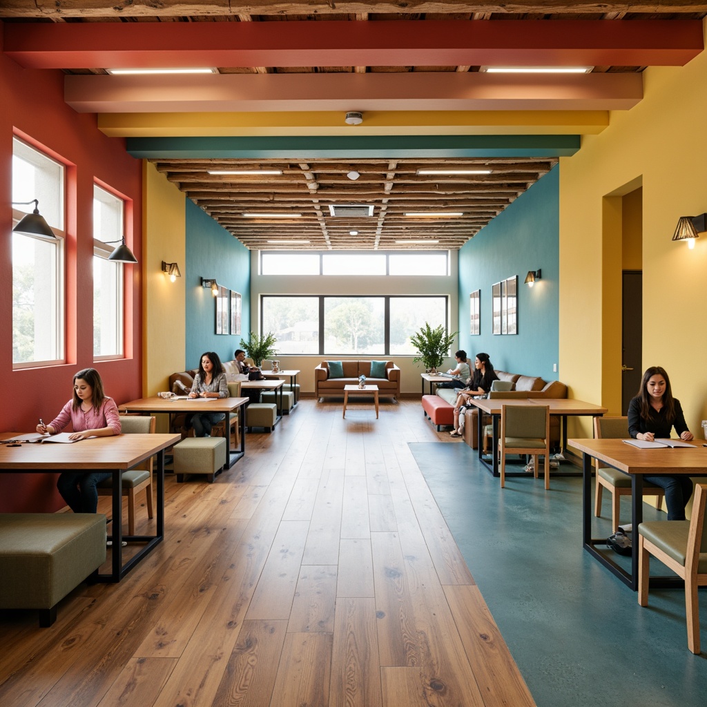 Prompt: Vibrant student halls, energetic atmosphere, youthful colors, bold accent walls, soothing pastel shades, natural wood tones, modern furniture, eclectic decor, collaborative study spaces, cozy reading nooks, warm floor lamps, soft overhead lighting, dynamic color blocking, 2/3 composition, playful textures, subtle gradient effects.