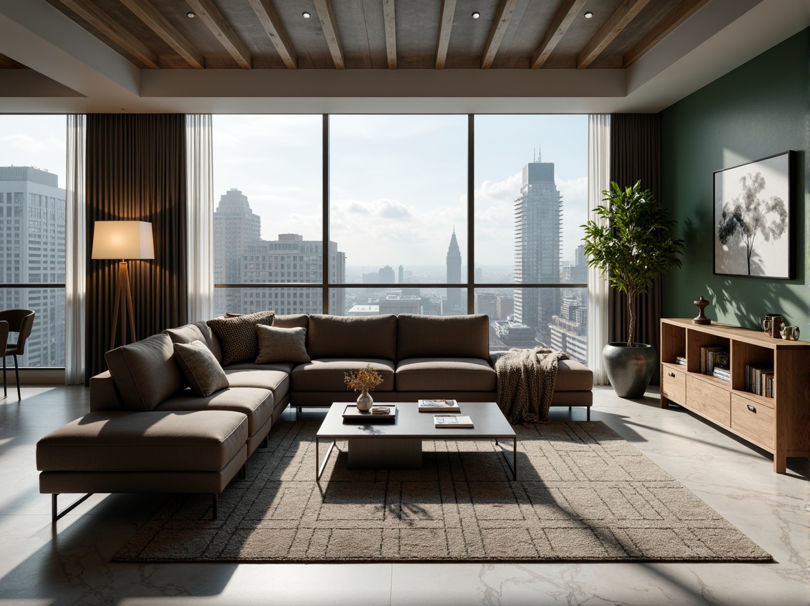 Prompt: Modern luxury living room, sleek minimalism, monochromatic color scheme, polished marble floors, velvet sectional sofas, floor-to-ceiling windows, natural daylight, ambient warm lighting, textured throw blankets, metallic accents, geometric patterned rugs, greenery walls, urban cityscape views, shallow depth of field, 1/1 composition, realistic reflections, soft focus blur.