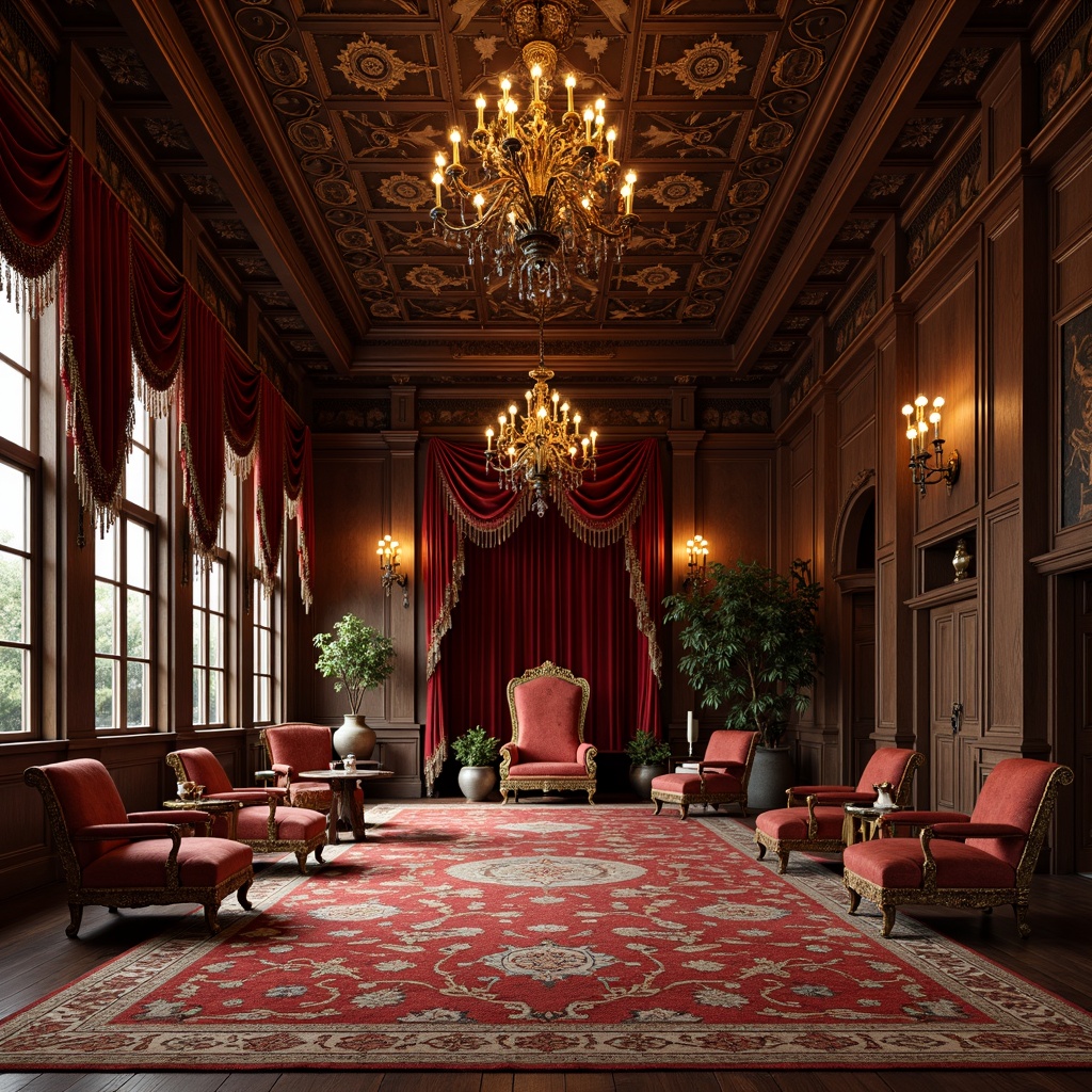 Prompt: Luxurious velvet fabrics, intricate embroidery patterns, golden thread accents, ornate tapestries, majestic Renaissance-inspired architecture, grand ballrooms, opulent chandeliers, rich wood paneling, lavish furnishings, regal thrones, Renaissance-era color palette, warm candlelight, dramatic shadows, 1/2 composition, soft focus, realistic textures.