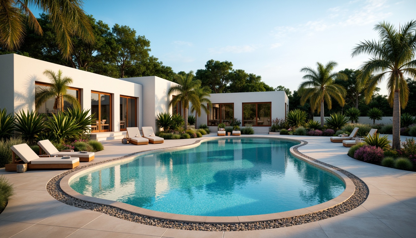 Prompt: Timeless pool design, sleek modern lines, curved shapes, crystal-clear water, natural stone coping, porcelain tiles, glass beads, iridescent mosaics, LED lighting, soft glowing ambiance, warm beige concrete, lush greenery surroundings, palm trees, sunny day, gentle breeze, 1/1 composition, realistic reflections, ambient occlusion.