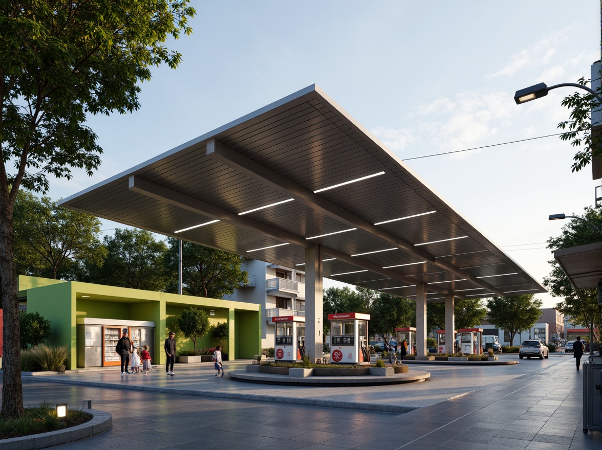 Prompt: Modern gas station, sleek metal canopy, LED lighting, concrete flooring, fuel pumps, payment terminals, vending machines, comfortable seating areas, green walls, urban landscaping, busy street scene, warm afternoon sunlight, shallow depth of field, 1/1 composition, realistic reflections, ambient occlusion.