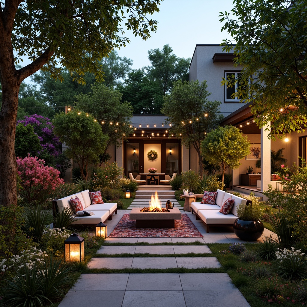 Prompt: Vibrant garden patio, lush greenery, blooming flowers, natural stone pathways, wooden benches, modern outdoor furniture, soft warm lighting, lanterns, string lights, cozy fire pit, plush throw pillows, colorful textiles, intricate geometric patterns, Mediterranean-inspired decor, serene ambiance, shallow depth of field, 3/4 composition, panoramic view, realistic textures, ambient occlusion.