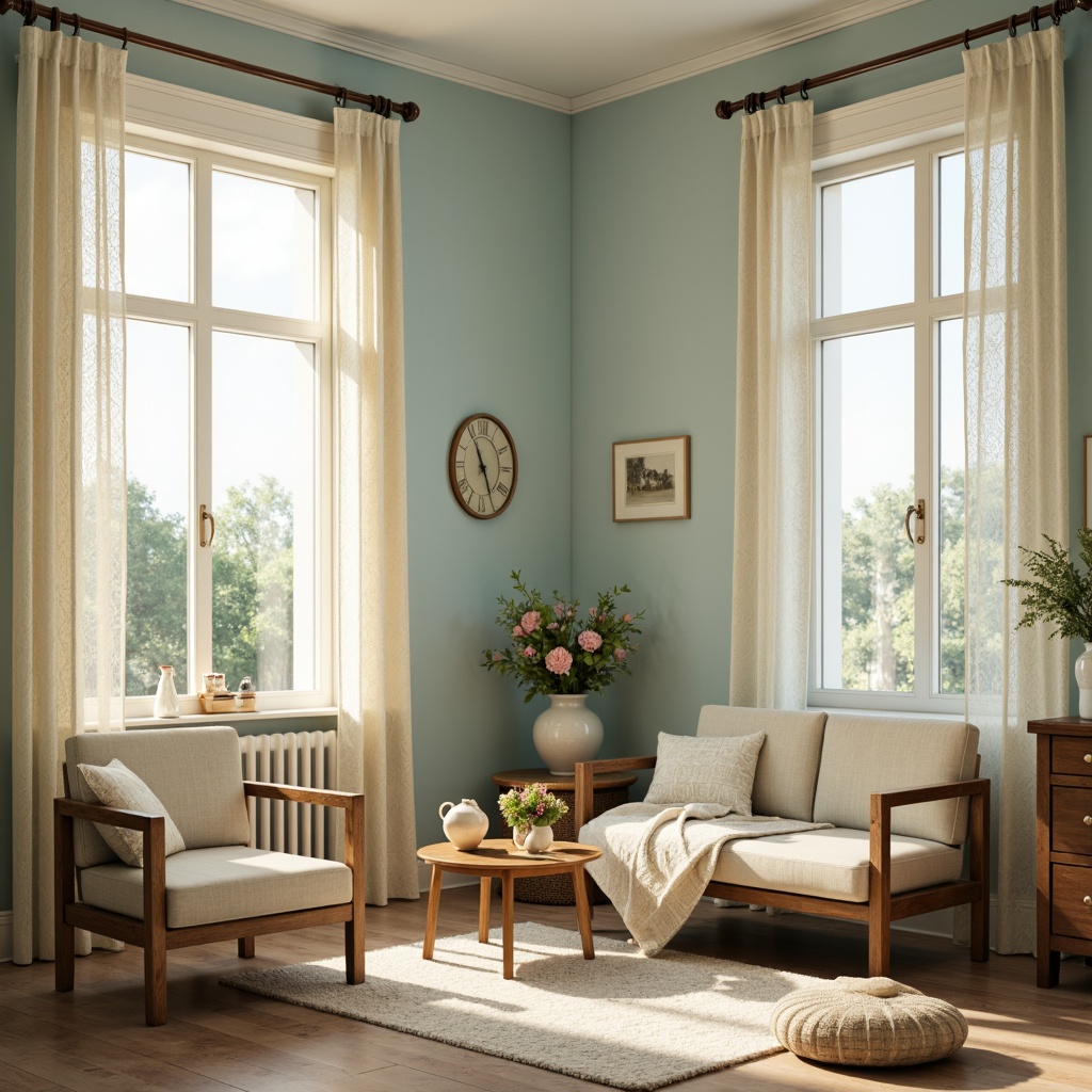 Prompt: Soft baby blue walls, creamy white trim, warm beige furniture, natural wood accents, gentle cream-colored curtains, delicate lace patterns, vintage porcelain vases, soft focus photography, warm golden lighting, shallow depth of field, 1/2 composition, intimate atmosphere, whimsical watercolor textures, subtle grain overlay.Please let me know if this meets your requirements!