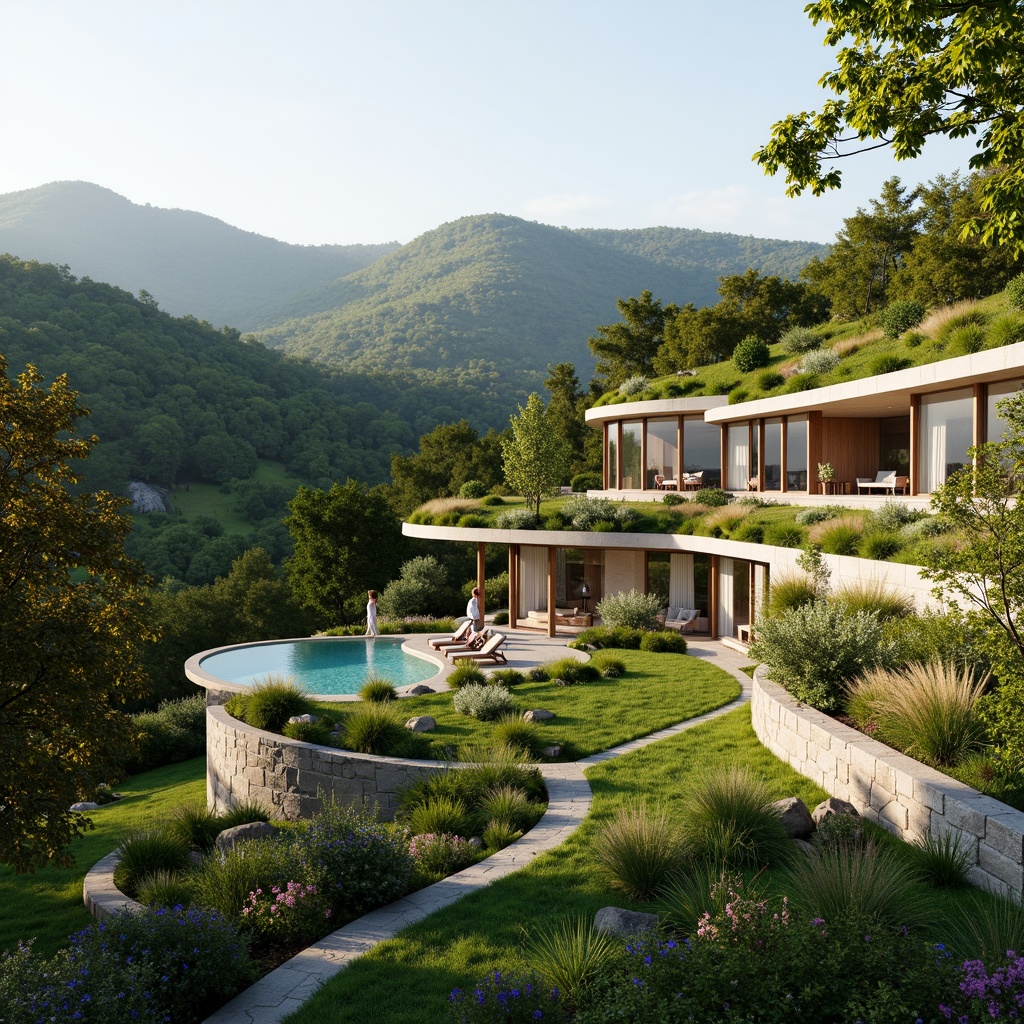 Prompt: Organic landscape integration, rolling hills, lush greenery, meandering paths, natural stone walls, modern architecture, curved lines, sustainable design, eco-friendly materials, large windows, sliding glass doors, seamless transitions, indoor-outdoor connection, harmonious color palette, soft warm lighting, shallow depth of field, 3/4 composition, panoramic view, realistic textures, ambient occlusion.