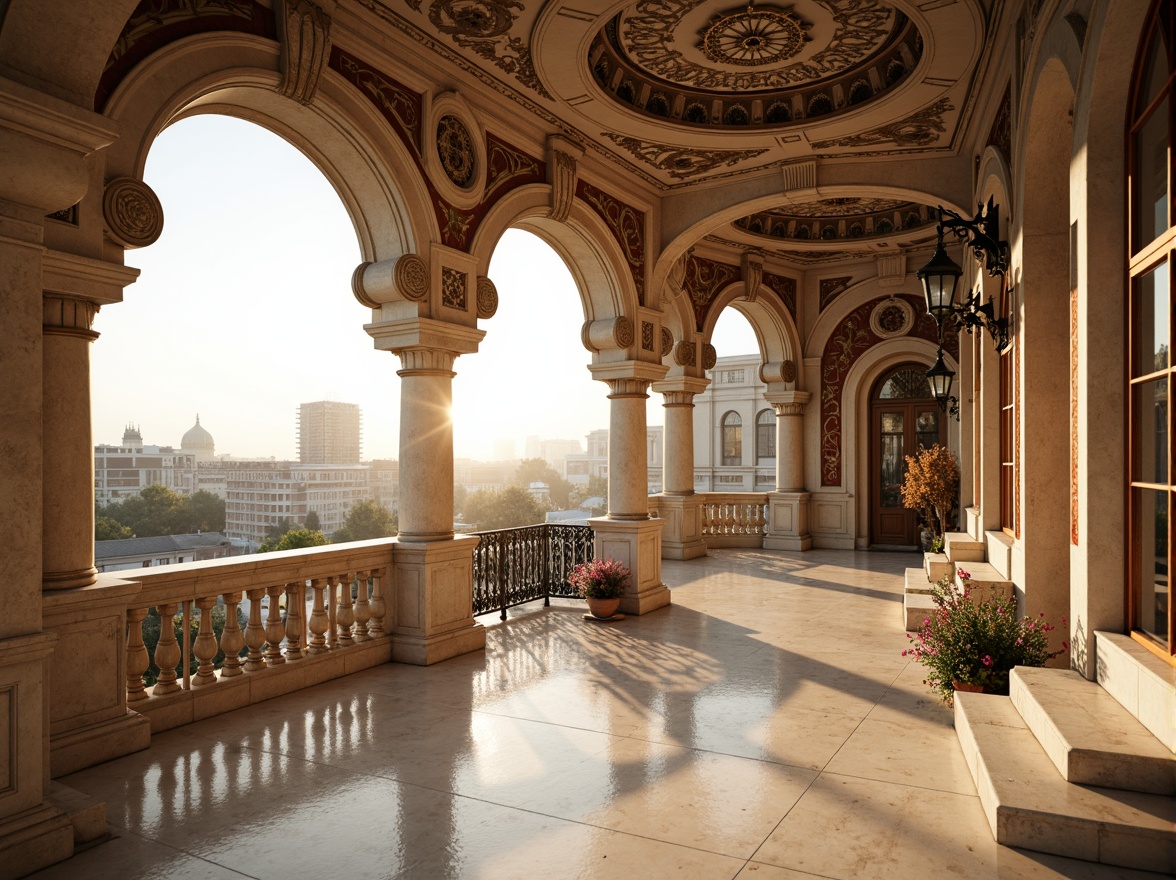 Prompt: Ornate Renaissance-style balcony, intricately carved stone railings, ornamental ironwork, grand arches, columns with Corinthian capitals, creamy white marble floors, elegant balusters, curved staircases, luxurious velvet drapes, majestic cityscape views, warm golden lighting, shallow depth of field, 1/2 composition, realistic textures, ambient occlusion.