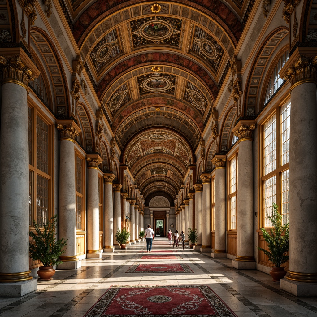 Prompt: Intricate stone carvings, ornate marble columns, gilded mosaics, vaulted ceilings, grand arches, decorative friezes, ornamental capitals, Byzantine domes, richly patterned textiles, lavish jewelry-inspired accents, warm golden lighting, shallow depth of field, 1/2 composition, symmetrical arrangement, highly detailed textures, ambient occlusion.