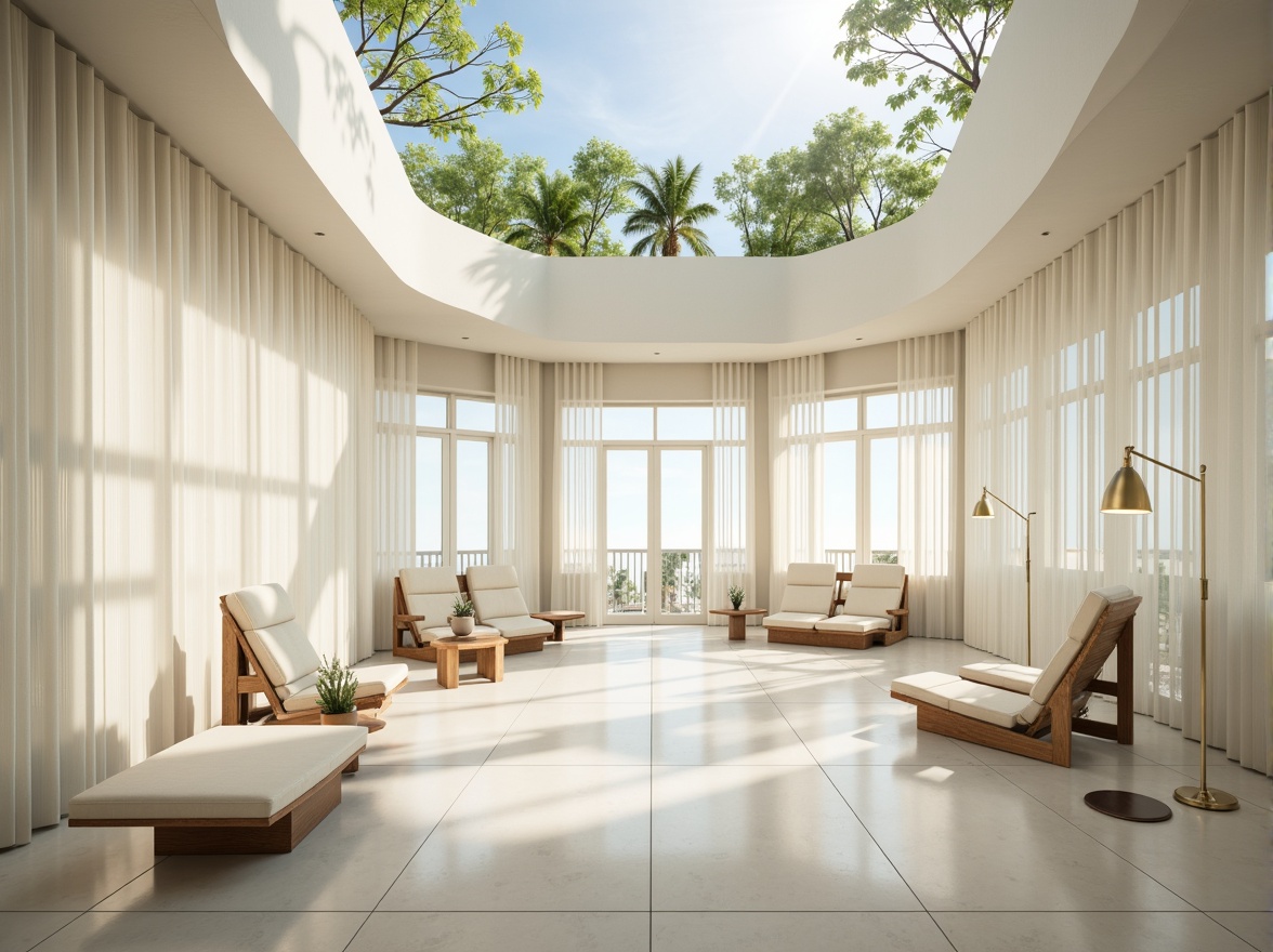 Prompt: Bright airy interior, floor-to-ceiling windows, minimal obstruction, reflective surfaces, pale color palette, sheer curtains, skylights, solar tubes, open floor plans, curved lines, organic shapes, green roofs, clerestory windows, translucent walls, ambient lighting, soft warm glow, 1/1 composition, shallow depth of field, realistic textures.