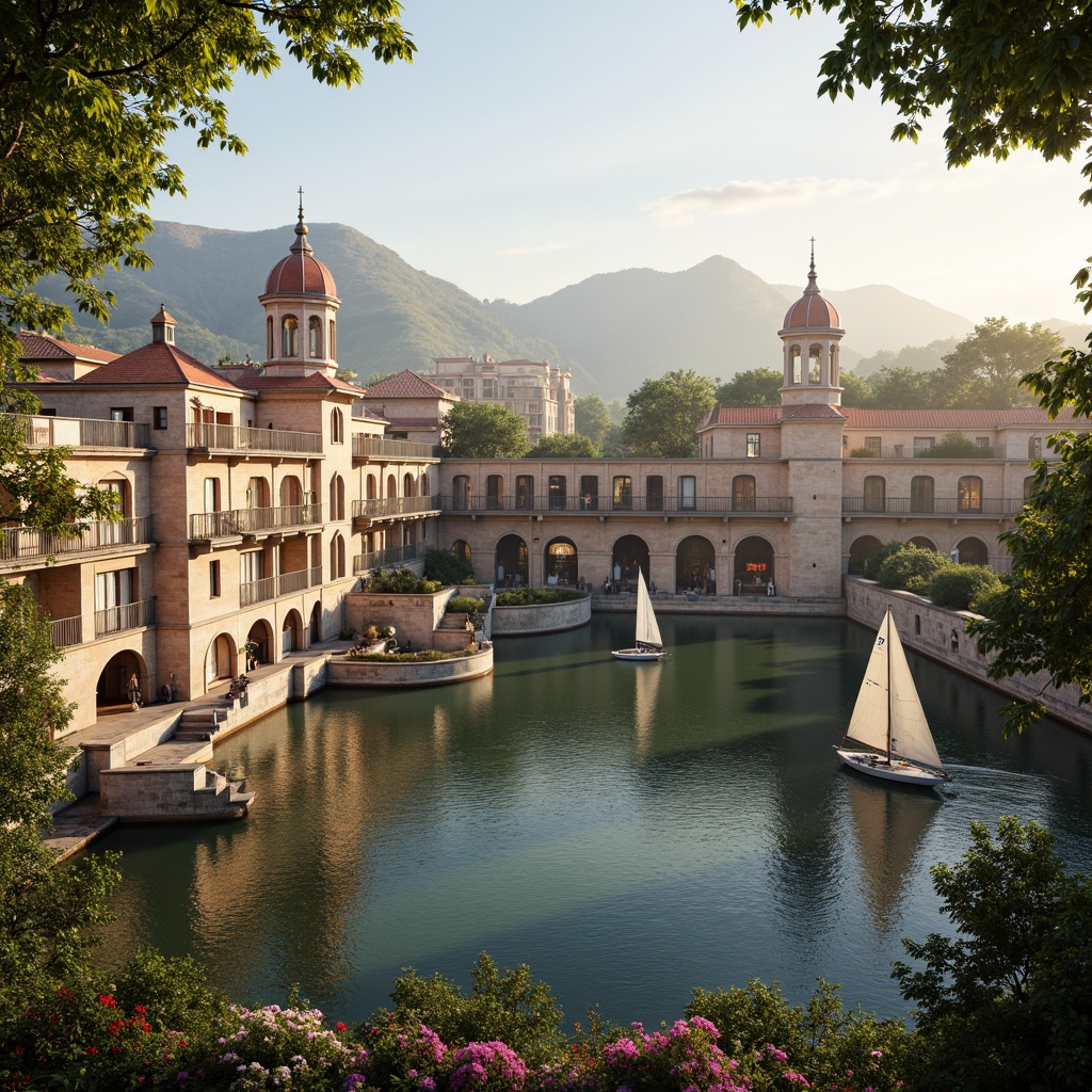 Prompt: Renaissance-style palace, grandiose riverfront, ornate balconies, curved arches, rustic stone walls, terracotta roofs, lush greenery, blooming flowers, tranquil water reflections, sailboats, rowing boats, misty morning light, warm golden sunlight, shallow depth of field, 1/2 composition, symmetrical framing, elegant lines, rich textures, ambient occlusion.