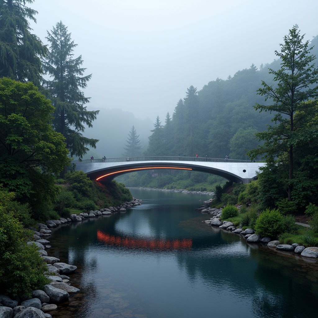 Prompt: Futuristic bridge, sleek metallic curves, iridescent LED lighting, misty atmospheric effects, lush greenery, towering trees, serene lake waters, rippling reflections, rocky shores, avant-garde architecture, sustainable materials, minimalist design, innovative engineering, dramatic cantilevers, shallow depth of field, 3/4 composition, panoramic view, realistic textures, ambient occlusion.