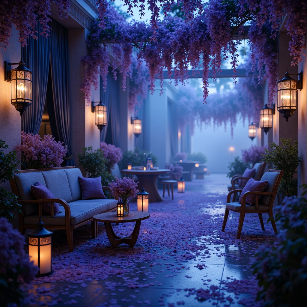 Prompt: Dreamy blue violet hues, whimsical florals, delicate petals, soft velvety textures, shimmering iridescent effects, mystical twilight atmosphere, glowing lanterns, intricate ornate patterns, luxurious fabrics, regal architectural details, grandiose chandeliers, lavish furnishings, opulent decor, rich jewel tones, dramatic lighting, 1/1 composition, shallow depth of field, cinematic color grading.