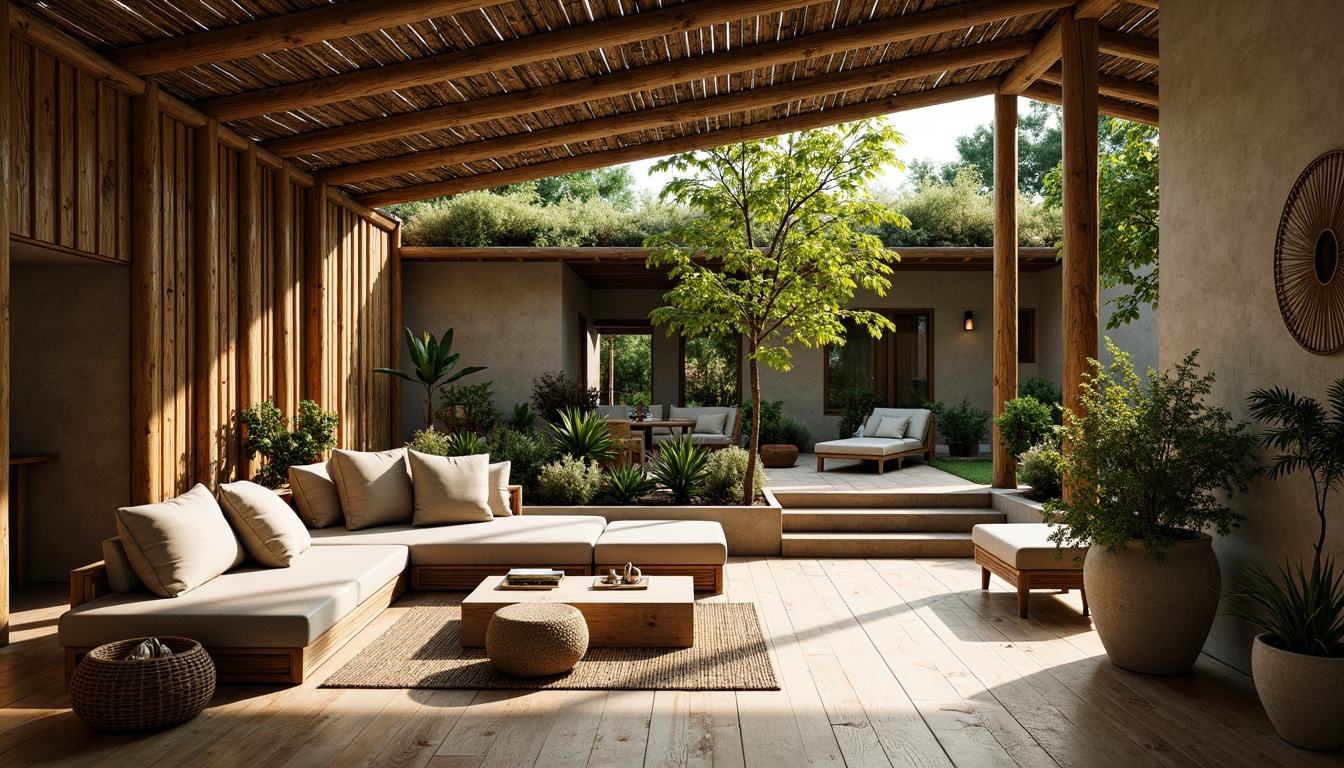 Prompt: Earthy tone, reclaimed wood accents, bamboo flooring, natural stone walls, living green roofs, organic shapes, eco-friendly furniture, woven textiles, rattan decorations, wicker patterns, earthy color palette, soft warm lighting, cozy atmosphere, serene ambiance, 1/1 composition, shallow depth of field, realistic textures, ambient occlusion.