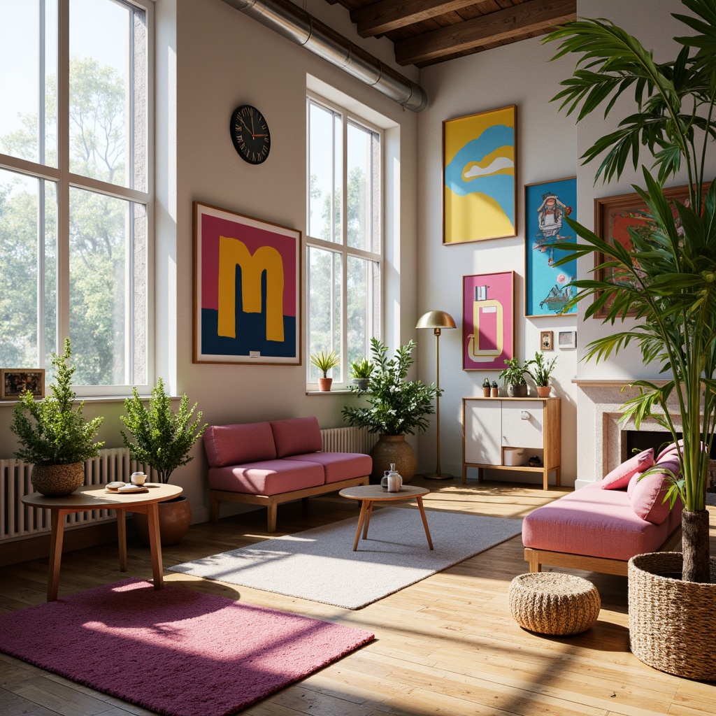 Prompt: Vibrant creative studio, modern artistic space, eclectic furniture, abstract artwork, bold color accents, pastel hues, monochromatic backgrounds, subtle textures, minimalist decorations, natural light pouring, warm atmospheric ambiance, soft focus, shallow depth of field, 1/1 composition, realistic renderings, ambient occlusion.