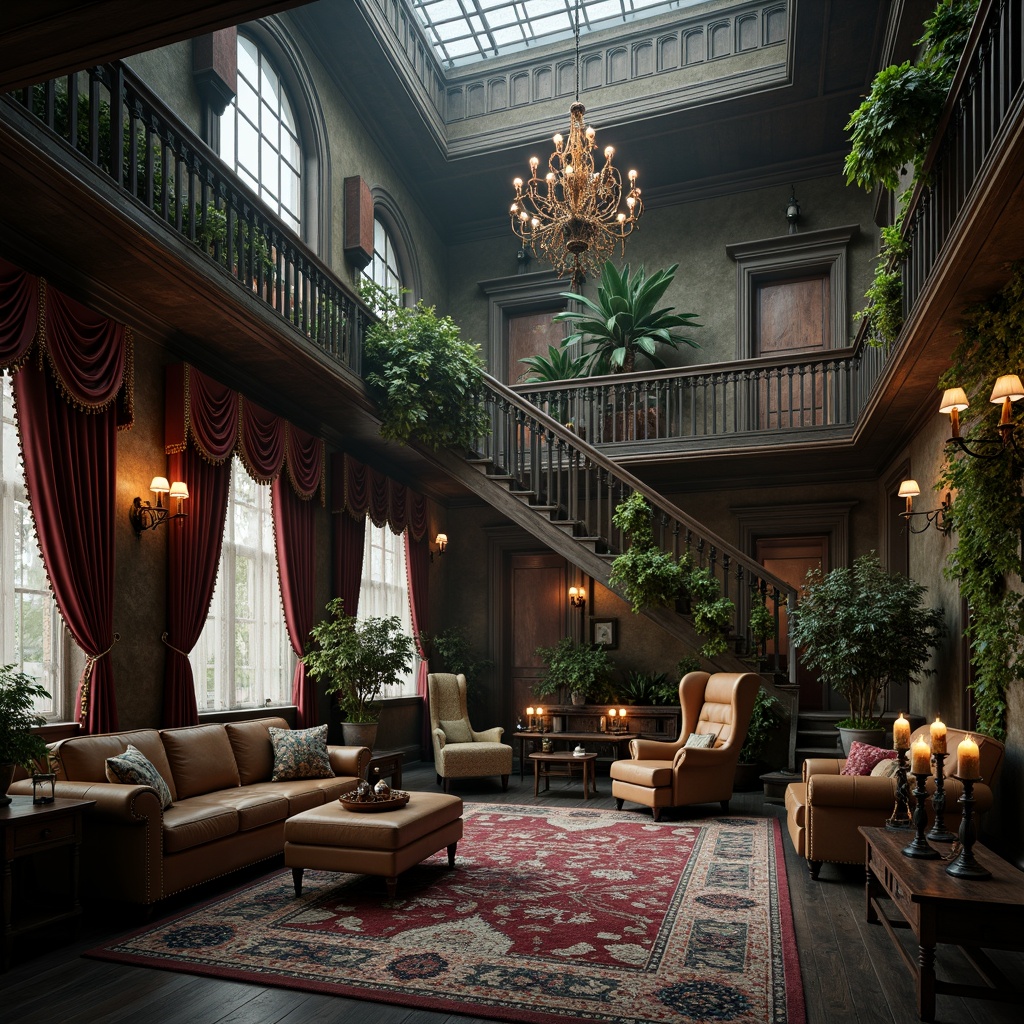 Prompt: Whimsical Victorian-era mansion, intricate stone carvings, ornate wooden facades, lavish velvet drapes, distressed leather upholstery, richly patterned rugs, grandiose chandeliers, delicate lace curtains, weathered copper accents, moss-covered stone walls, overgrown ivy, mysterious foggy atmosphere, soft warm candlelight, shallow depth of field, 1/1 composition, intimate close-up shots, dramatic chiaroscuro lighting.