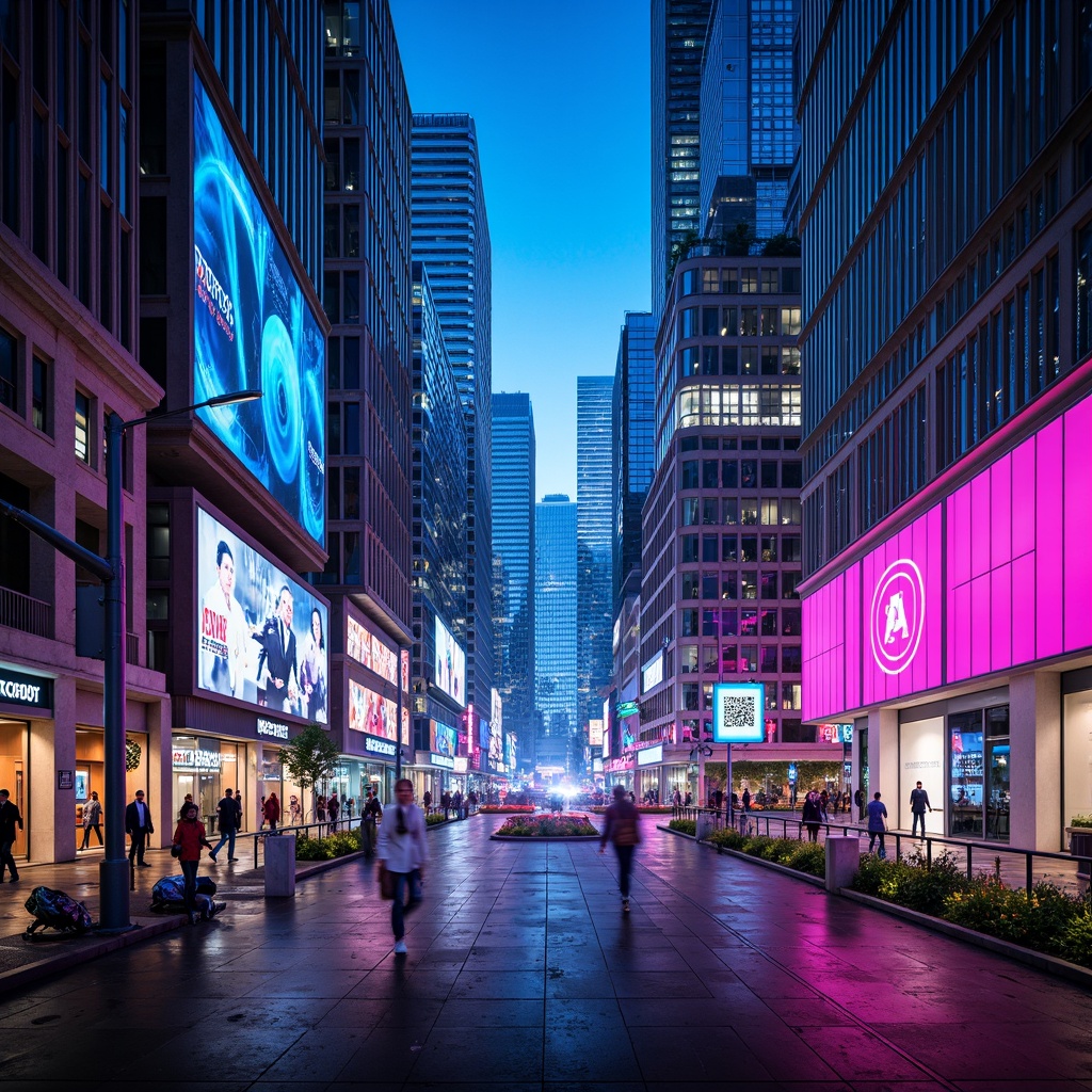 Prompt: Neon-lit cityscape, metallic skyscrapers, iridescent glass facades, holographic advertisements, cyberpunk atmosphere, vibrant neon hues, electric blue accents, hot pink highlights, luminescent white surfaces, dark grey concrete foundations, sleek chrome details, minimalist geometric patterns, futuristic urban landscape, dystopian ambiance, high-tech infrastructure, virtual reality interfaces, augmented reality displays, retro-futuristic nods, nostalgic sci-fi references, bold color blocking, 3D holographic projections, panoramic city views, cinematic lighting effects.