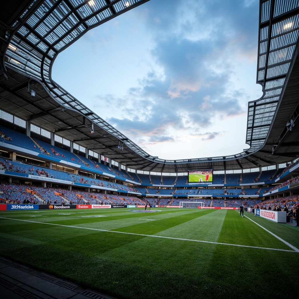 Prompt: Futuristic soccer stadium, undulating rooflines, cantilevered upper tiers, sleek steel beams, translucent polycarbonate fa\u00e7ade, dynamic LED lighting, vibrant team colors, lush green grass, advanced drainage systems, tiered seating, ergonomic chair designs, VIP lounges, panoramic views, atmospheric smoke effects, dramatic floodlighting, shallow depth of field, 3/4 composition, realistic textures, ambient occlusion.