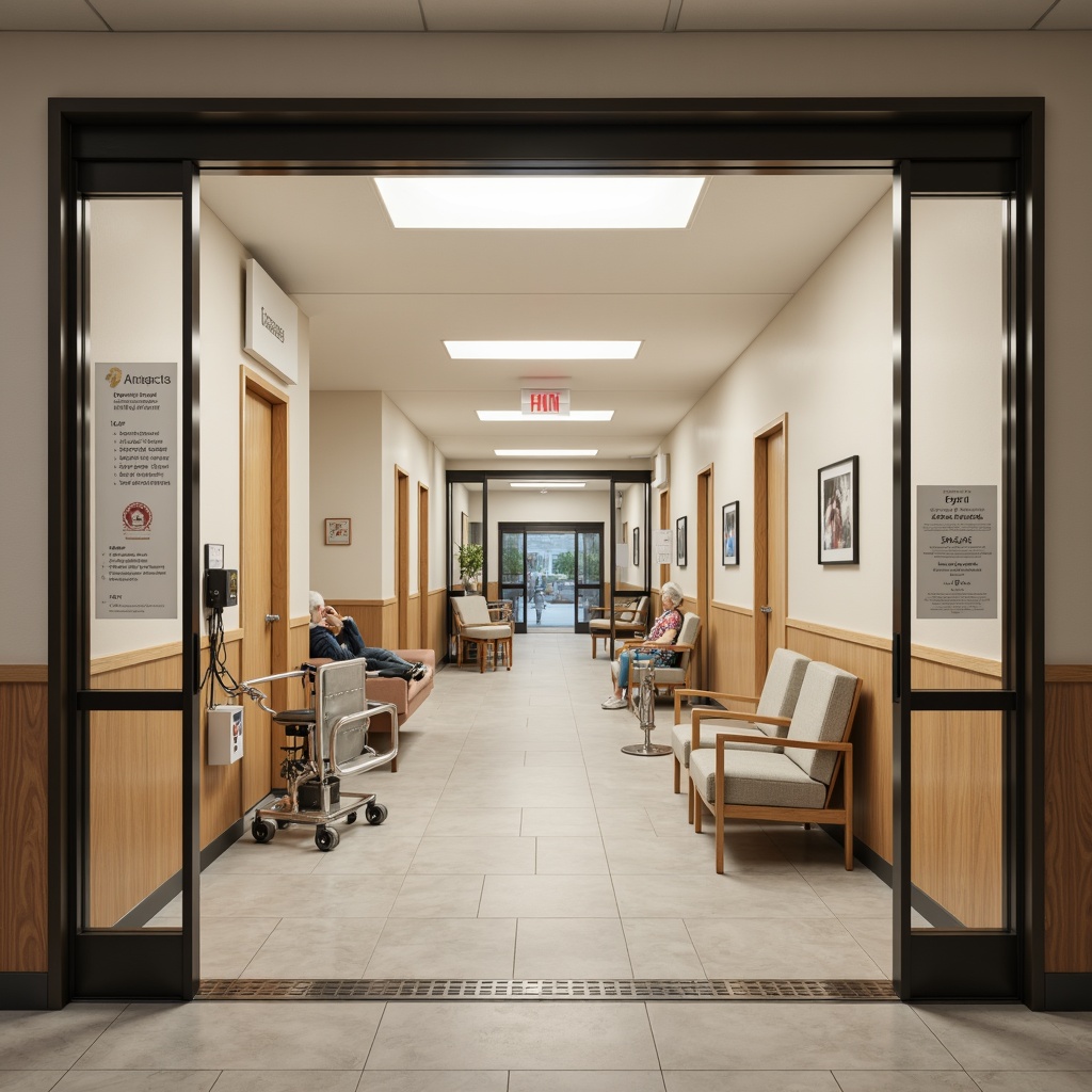 Prompt: Accessible healthcare facility, wheelchair ramps, automatic sliding doors, Braille signage, audio induction loops, wide corridors, gentle slopes, non-slip flooring, clear wayfinding, natural lighting, calming colors, minimal clutter, comfortable seating areas, private consultation rooms, adaptive medical equipment, adjustable examination tables, grab bars, walk-in showers, emergency response systems, backup power generators, accessible parking spaces, dropped curbs, tactile pavings, audio announcements, patient lifts, ceiling-mounted hoists, soft warm lighting, shallow depth of field, 3/4 composition, realistic textures, ambient occlusion.