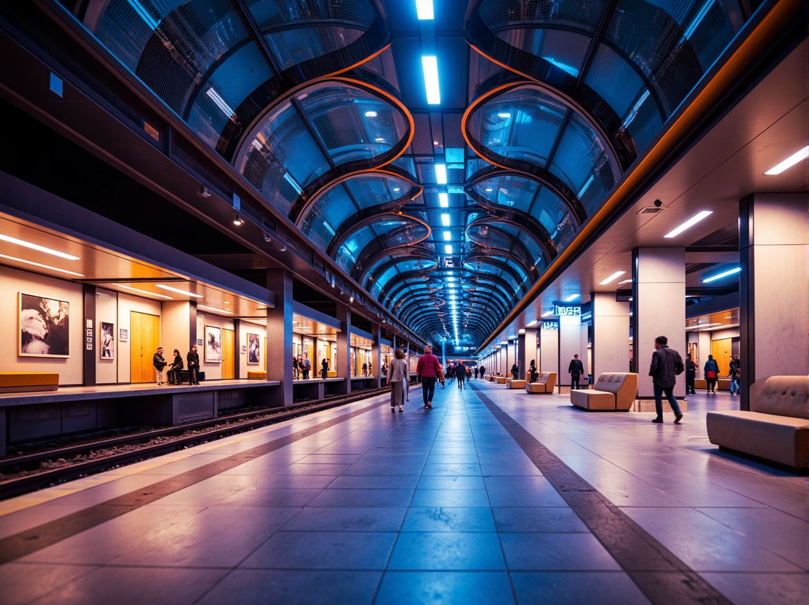 Prompt: Vibrant metro station, modern architecture, sleek lines, futuristic design, bright LED lights, glowing signage, dynamic color schemes, high-ceilinged platforms, polished marble floors, stainless steel fixtures, minimalist benches, urban cityscape, rush hour atmosphere, soft warm lighting, shallow depth of field, 1/2 composition, panoramic view, realistic textures, ambient occlusion.