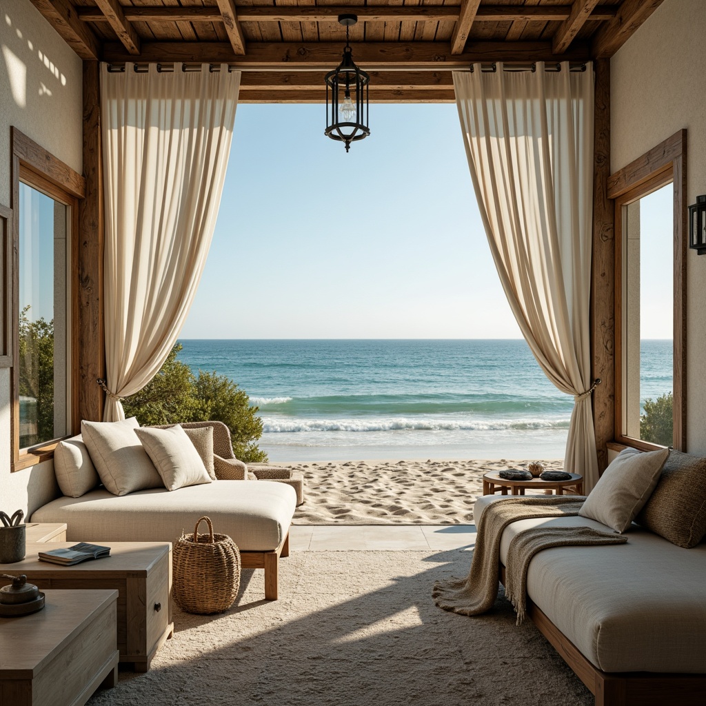 Prompt: Soft sandy beach, calming ocean waves, warm sunny day, driftwood furniture, vintage nautical accents, distressed wood textures, plush velvet fabrics, muted blue-green color palette, creamy whites, weathered stone walls, rustic metal lanterns, billowy curtains, natural linen bedding, woven sea grass baskets, coral-inspired patterns, gentle warm lighting, shallow depth of field, 1/1 composition, intimate atmosphere.