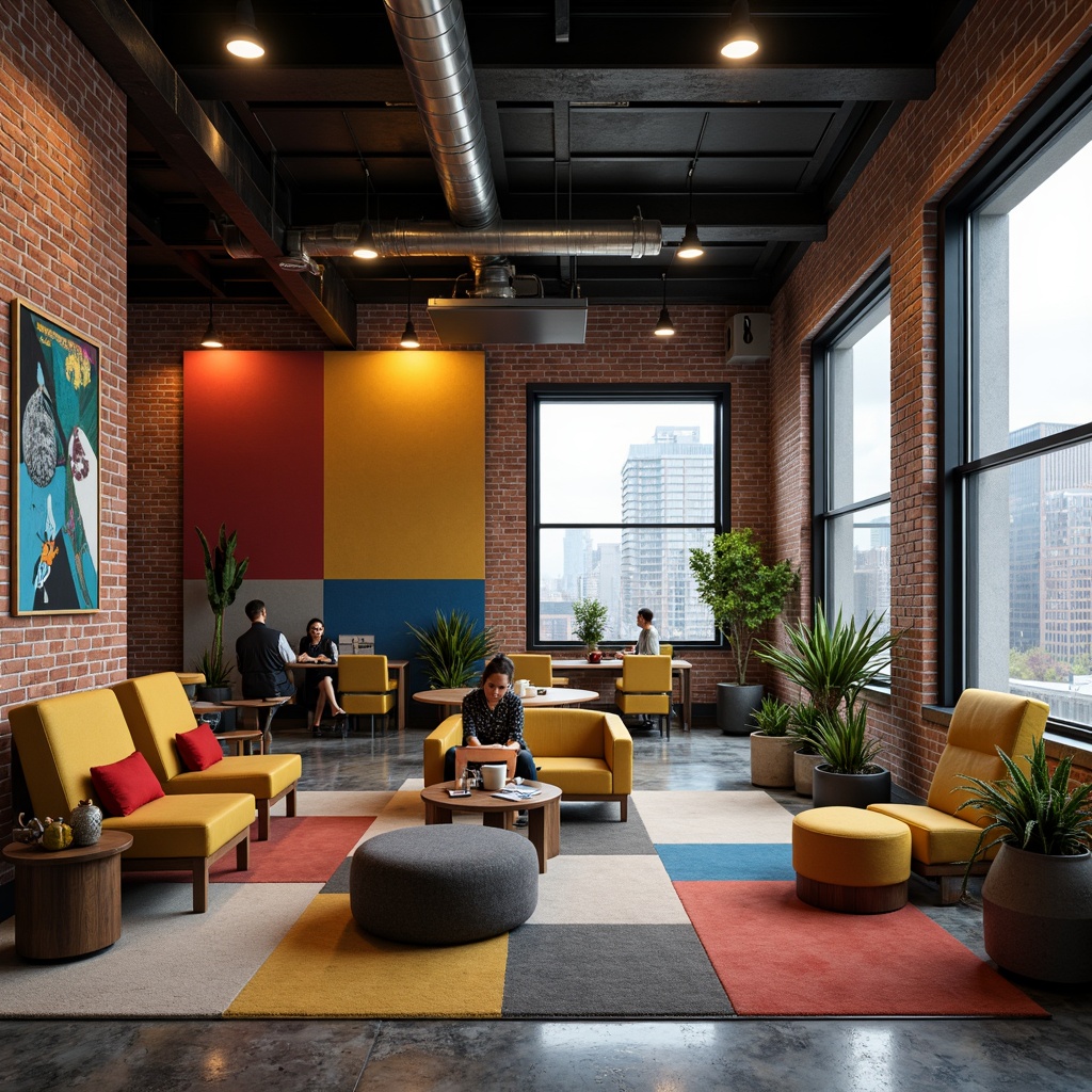 Prompt: Industrial chic hotel, bold geometric shapes, metallic accents, exposed brick walls, polished concrete floors, distressed wood textures, vibrant primary colors, abstract art pieces, urban cityscape views, modern minimalist furniture, sleek steel beams, functional industrial lighting, warm atmospheric glow, shallow depth of field, 1/1 composition, cinematic mood, stylized reflections.