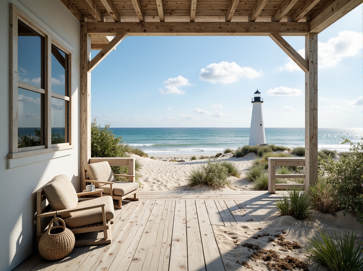 Prompt: \Soft sandy beaches, calming ocean waves, serene coastal scenery, driftwood accents, weathered wooden decks, nautical ropes, vintage lighthouses, beachy pastel colors, creamy whites, blues and greens, sea-salt air, warm sunlight, gentle breezes, natural textures, rustic wood tones, distressed finishes, cozy porch swings, lazy afternoon atmosphere, relaxed coastal living, 1/2 composition, soft focus, atmospheric perspective.\