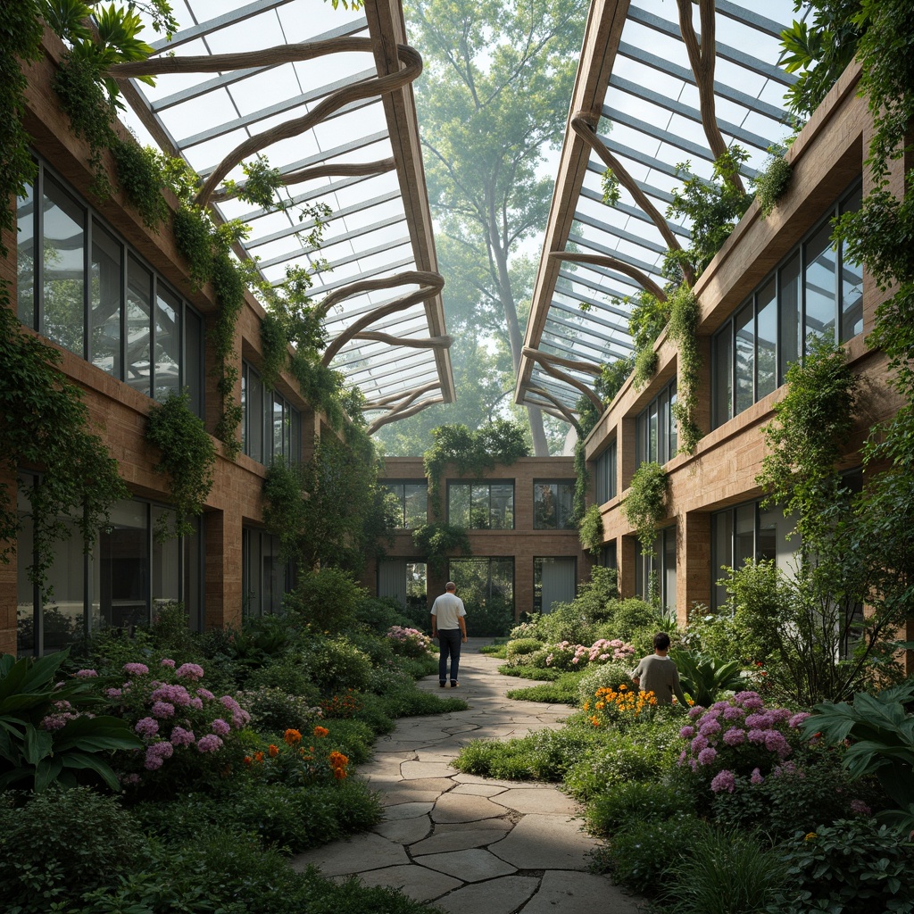 Prompt: Deconstructed greenhouse, irregular shapes, fragmented glass surfaces, lush greenery, exotic plants, vines, tendrils, misty atmosphere, warm soft lighting, shallow depth of field, 1/1 composition, panoramic view, realistic textures, ambient occlusion, futuristic materials, metallic frames, industrial pipes, reclaimed wood accents, living walls, bio-inspired patterns, natural stone pathways, meandering walkways, whimsical sculptures, surreal ambiance.