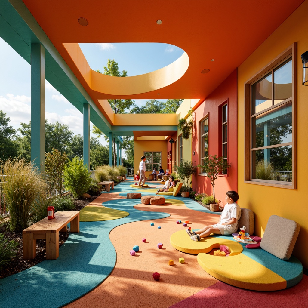 Prompt: Vibrant kindergarten playground, whimsical postmodern architecture, bold primary colors, irregular shapes, playful curves, eclectic textures, mismatched patterns, oversized building blocks, abstract sculptures, winding slides, cozy reading nooks, interactive playsets, natural wood accents, colorful rugs, soft warm lighting, shallow depth of field, 1/1 composition, panoramic view, realistic materials, ambient occlusion.