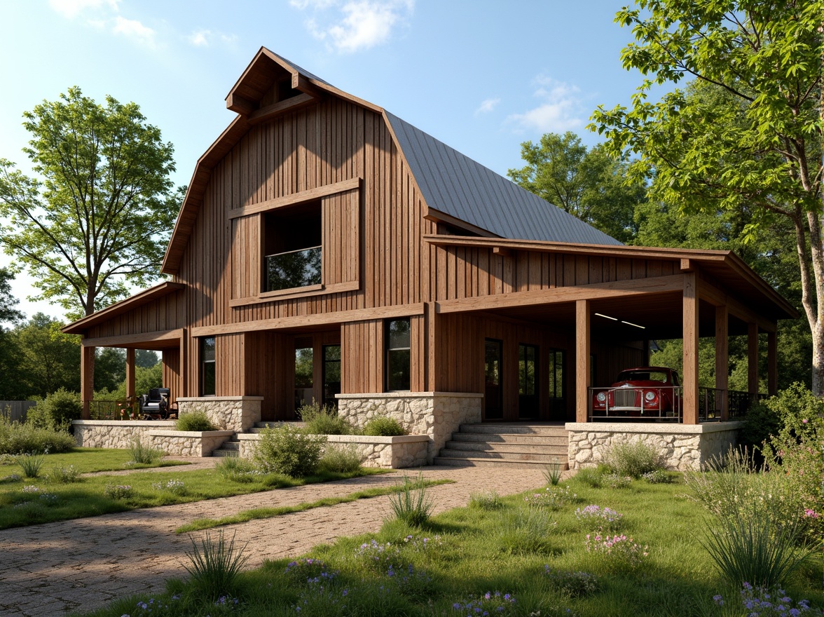 Prompt: Rustic barn-style facade, wooden accents, earthy tones, natural stone foundations, corrugated metal roofs, sliding barn doors, vintage farm equipment, lush greenery, wildflowers, rural landscape, sunny afternoon, soft warm lighting, shallow depth of field, 3/4 composition, panoramic view, realistic textures, ambient occlusion.