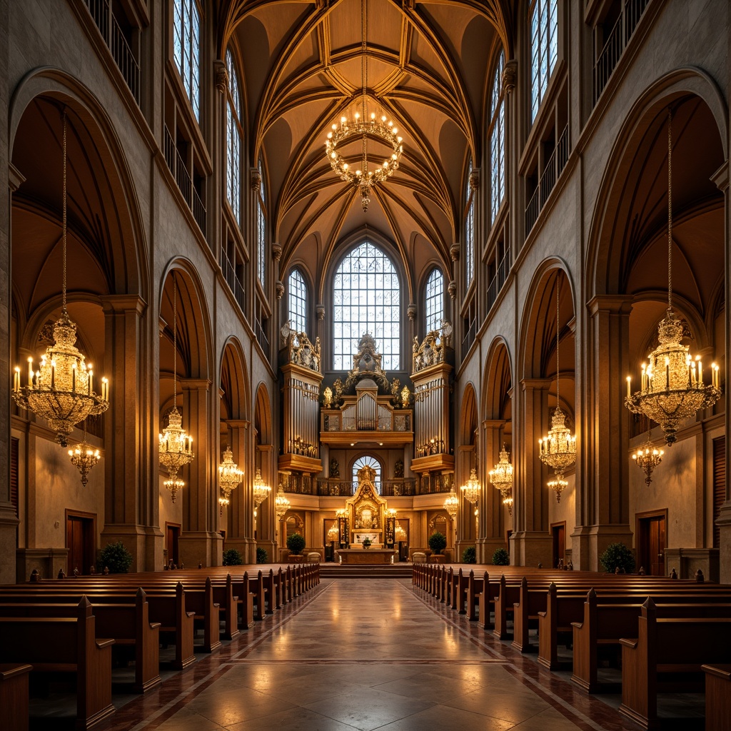 Prompt: Elegant cathedral interior, soaring vaulted ceilings, ornate chandeliers, warm golden lighting, soft candlelight, subtle LED accents, grand stained glass windows, majestic pipe organs, polished marble floors, intricate stone carvings, dramatic archways, luxurious velvet drapes, rich wood tones, atmospheric fog effects, ethereal beam lights, 1/1 composition, symmetrical framing, high contrast ratio, warm color temperature, realistic reflections.