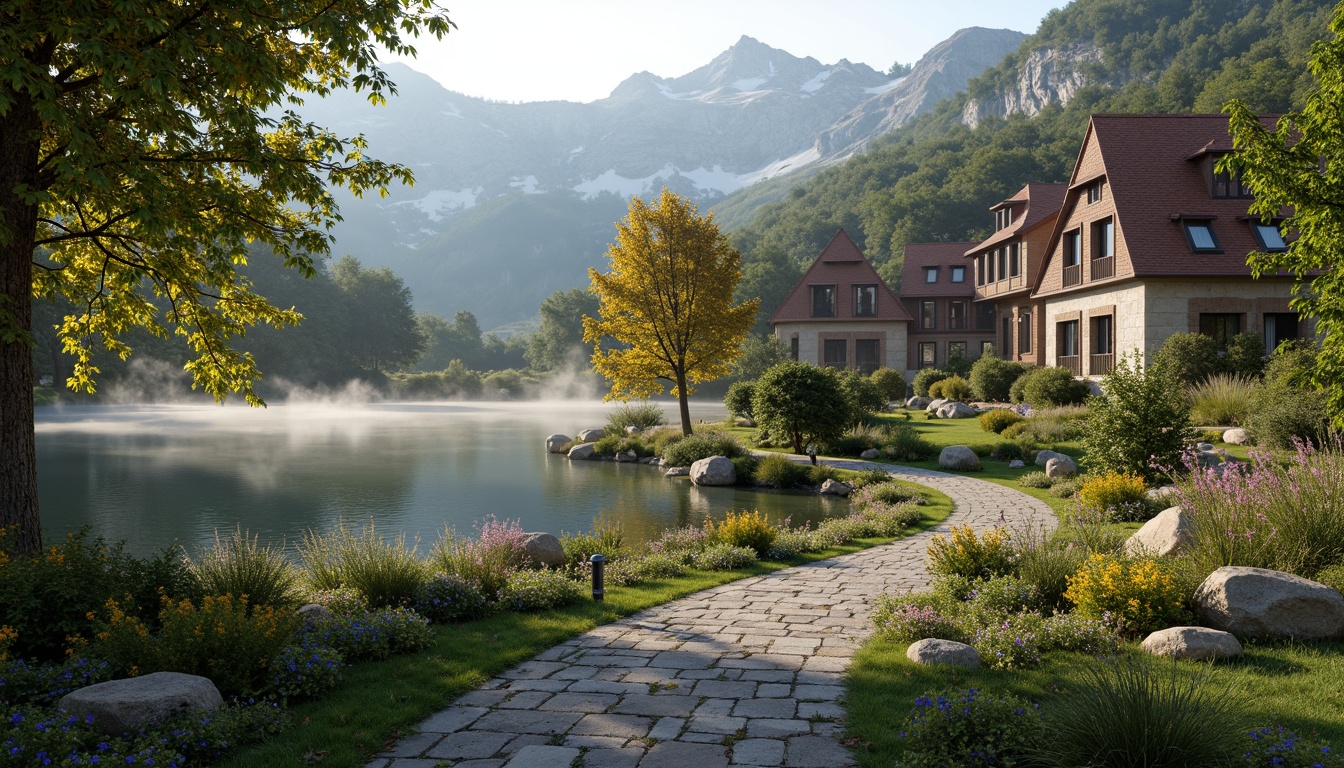 Prompt: Rolling hills, serene lakeside, lush greenery, vibrant wildflowers, meandering stone pathways, rustic wooden bridges, whimsical gazebos, ornate iron fences, majestic mountain backdrop, soft warm lighting, misty atmosphere, dreamy fog effects, 1/1 composition, intimate close-ups, realistic textures, ambient occlusion, distressed stonework, weathered wood accents, flowing water features, romantic-era inspired architectural details, curved lines, grand entranceways, ornate doorways, stained glass windows, intricate masonry patterns.