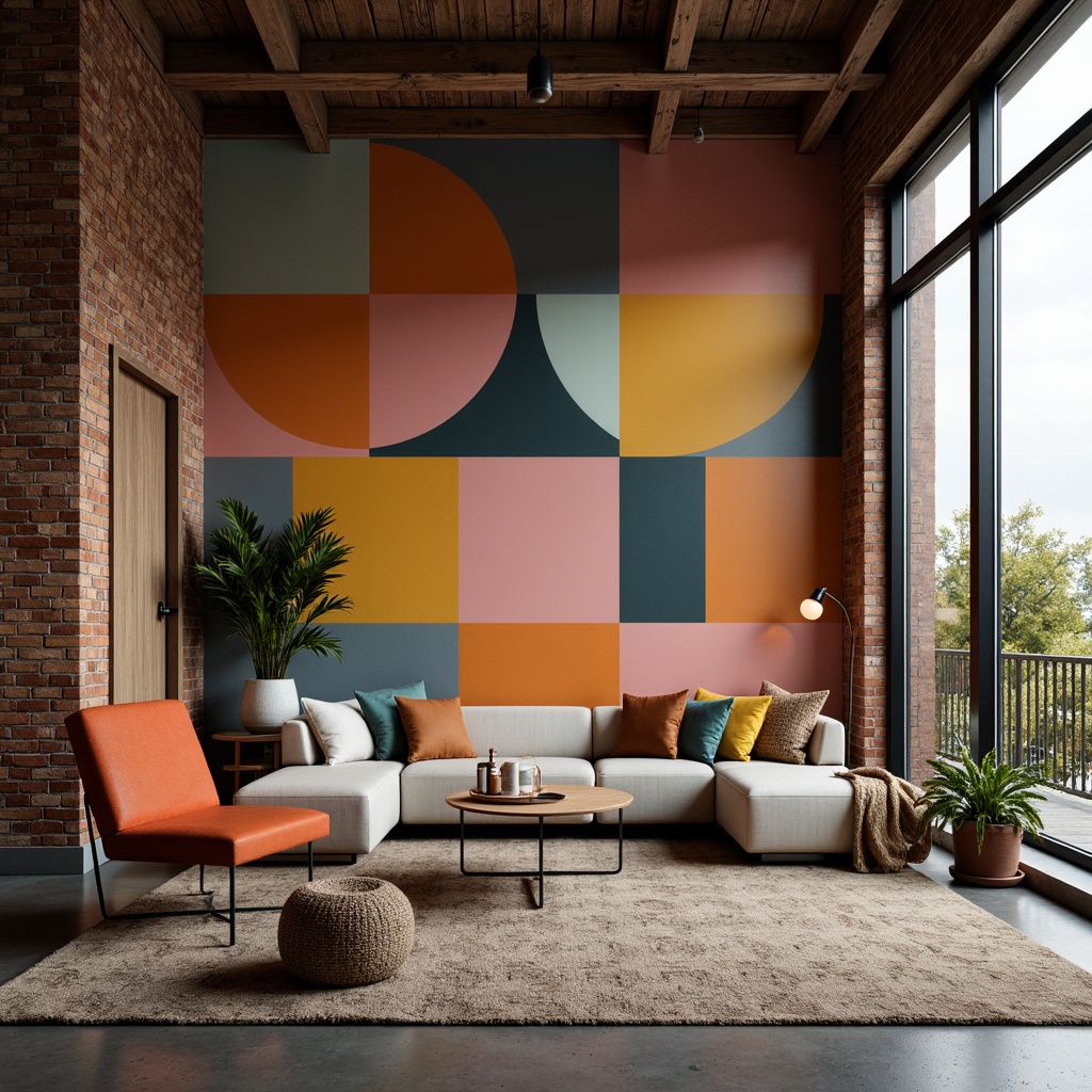 Prompt: Vibrant modern interior, sleek furniture, bold accent walls, pastel hues, earthy tones, natural materials, wooden textures, industrial chic, exposed brick, reclaimed wood, metallic accents, moody lighting, dramatic shadows, atmospheric ambiance, 3/4 composition, shallow depth of field, realistic rendering.