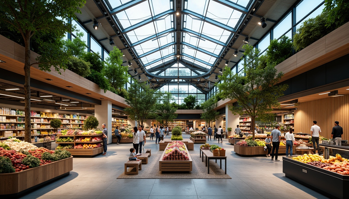 Prompt: Vibrant grocery store, modern rooflines, curved architectural shapes, green roofs, solar panels, natural ventilation systems, clerestory windows, abundant natural light, industrial chic decor, exposed ductwork, polished concrete floors, sleek metal shelves, colorful product displays, bustling shopping atmosphere, warm LED lighting, shallow depth of field, 1/1 composition, panoramic view, realistic textures, ambient occlusion.