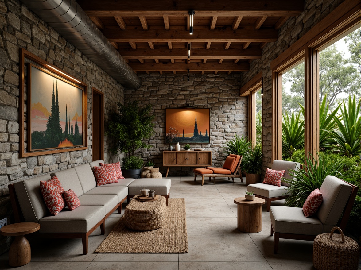 Prompt: Rustic wooden accents, natural stone walls, vibrant greenery, cozy seating areas, warm lighting fixtures, eclectic art pieces, industrial metal beams, polished concrete floors, earthy color palette, organic shapes, plush furniture upholstery, soft ambient glow, shallow depth of field, 1/2 composition, atmospheric perspective, cinematic realism.