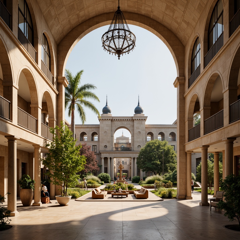 Prompt: Elegant university building, grand atrium, high ceilings, ornate chandeliers, large windows, natural stone walls, wooden floors, warm beige tones, soft diffused lighting, indirect sunlight, subtle shadows, 1/1 composition, symmetrical architecture, classical columns, arches, domed roofs, lush greenery, blooming flowers, serene courtyard, peaceful ambiance, morning light, gentle warm glow.