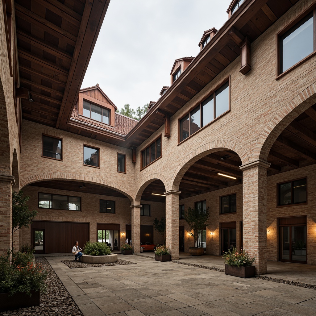 Prompt: Rustic factory building, Romanesque style, unique roof design, curved arches, ornate stonework, terra cotta tiles, earthy tones, industrial heritage, exposed brick walls, metal beams, reclaimed wood accents, clerestory windows, soft natural light, atmospheric mist, 1/1 composition, low-angle shot, warm color palette, subtle texture details.