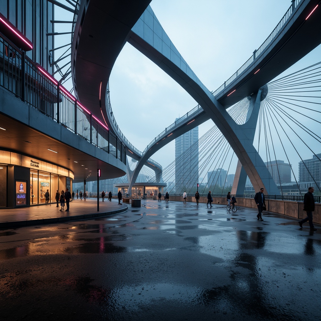 Prompt: Futuristic bridge, sleek metallic structures, curved lines, angular forms, vibrant neon lights, gleaming steel cables, suspended walkways, cantilevered sections, dynamic shapes, aerodynamic profiles, wind-swept designs, urban cityscape, misty atmospheric effects, dramatic low-angle view, cinematic composition, high-contrast lighting, detailed rivets, reflective surfaces, metallic textures, abstract patterns, futuristic materials.