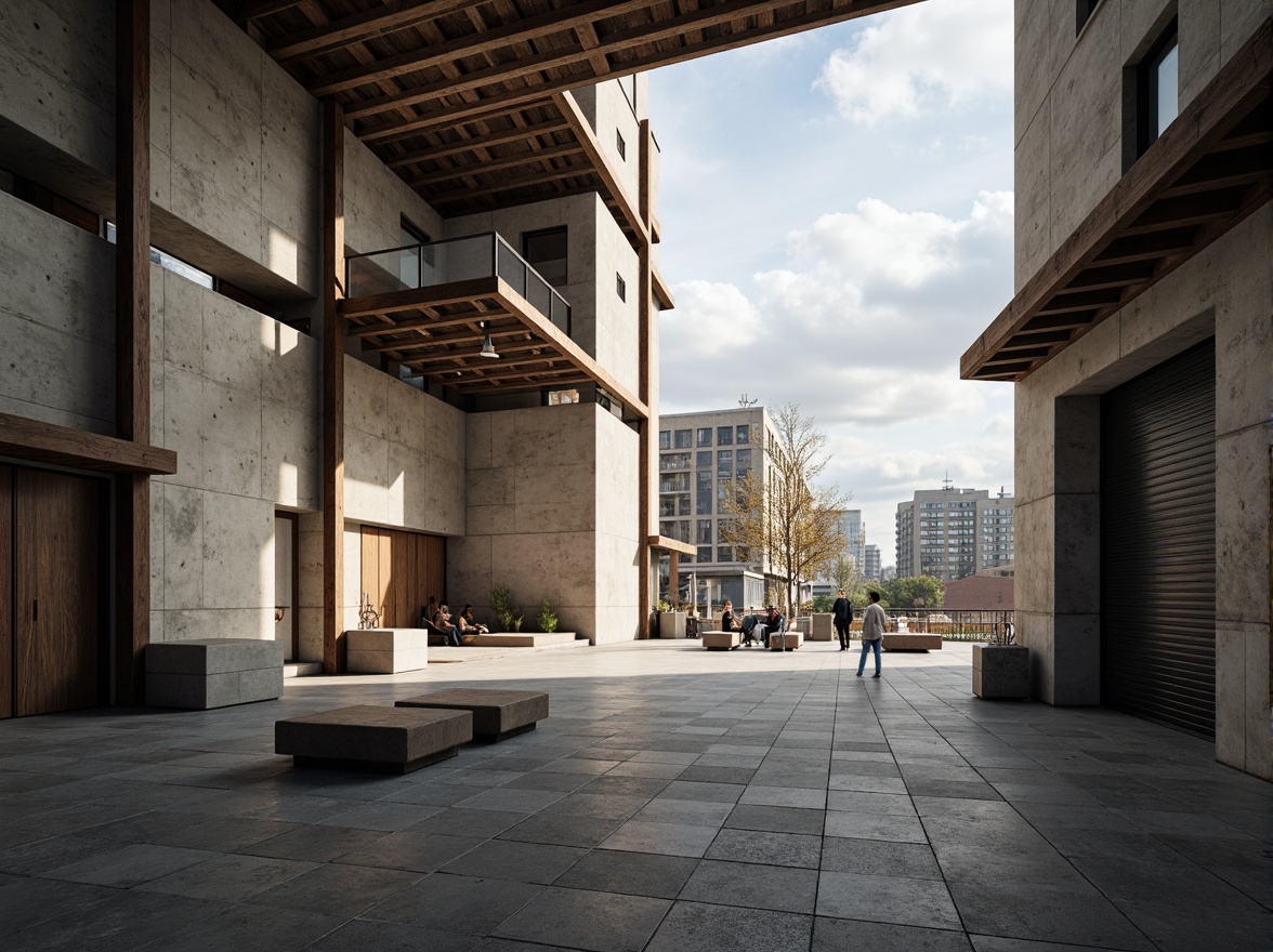 Prompt: Industrial-era factory buildings, raw concrete structures, brutalist aesthetics, steel beams, wooden accents, minimalist ornamentation, functional simplicity, rectangular forms, clean lines, monochromatic color schemes, natural light pouring in, industrial-style lighting fixtures, urban cityscape backgrounds, cloudy skies, softbox lighting, shallow depth of field, 2/3 composition, symmetrical framing, realistic textures, ambient occlusion.